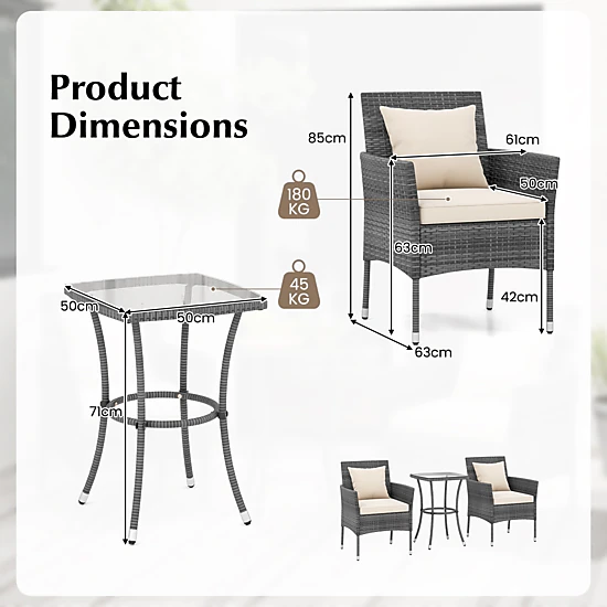 SUGIFT 3-Piece PE Rattan Patio Conversation Set with Cushioned Chairs and Tempered Glass Table 400-lb Chairs Off White