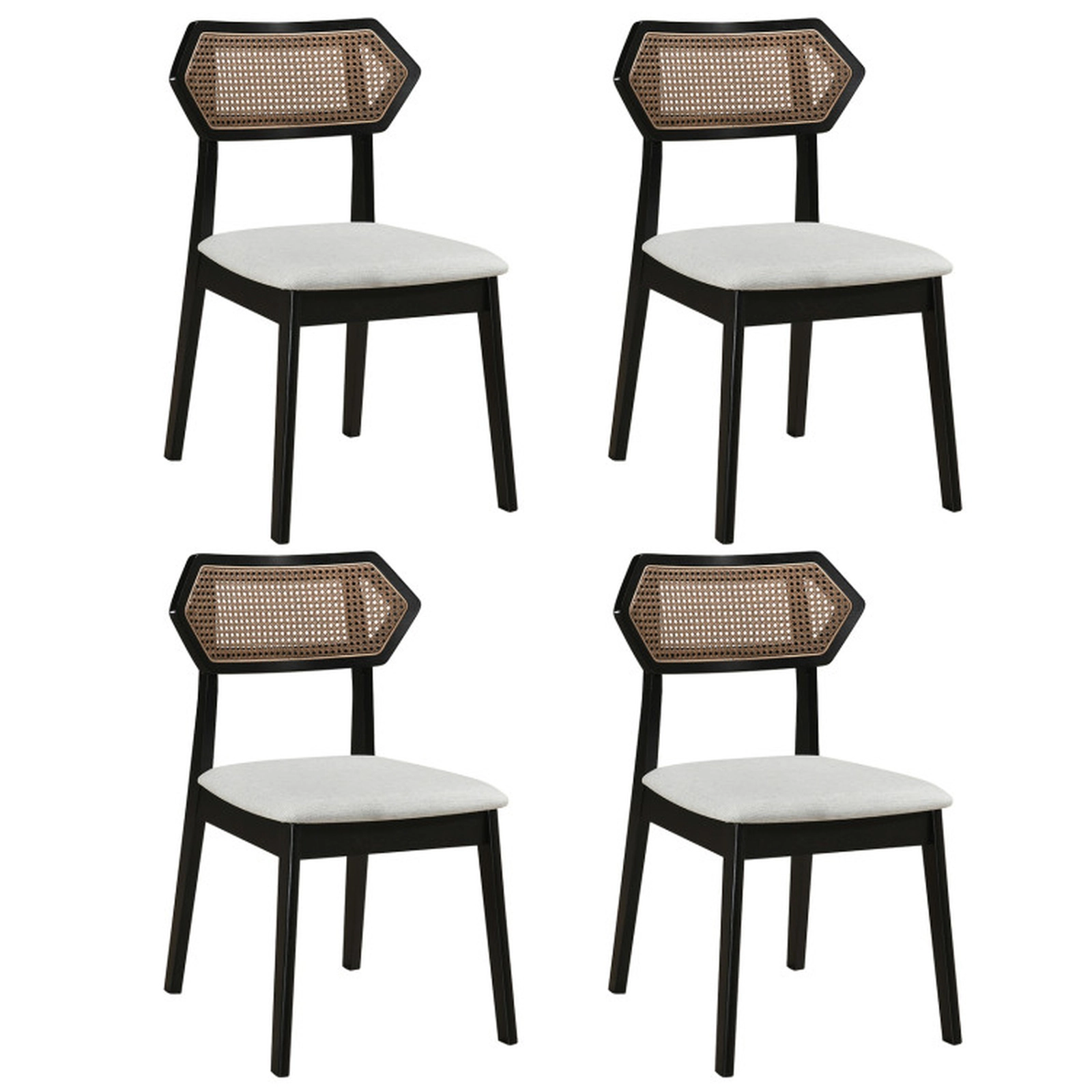 SUGIFT Black Mid Century Woven Rattan Back and Padded Fabric Seat Set of 4 Dining Chairs