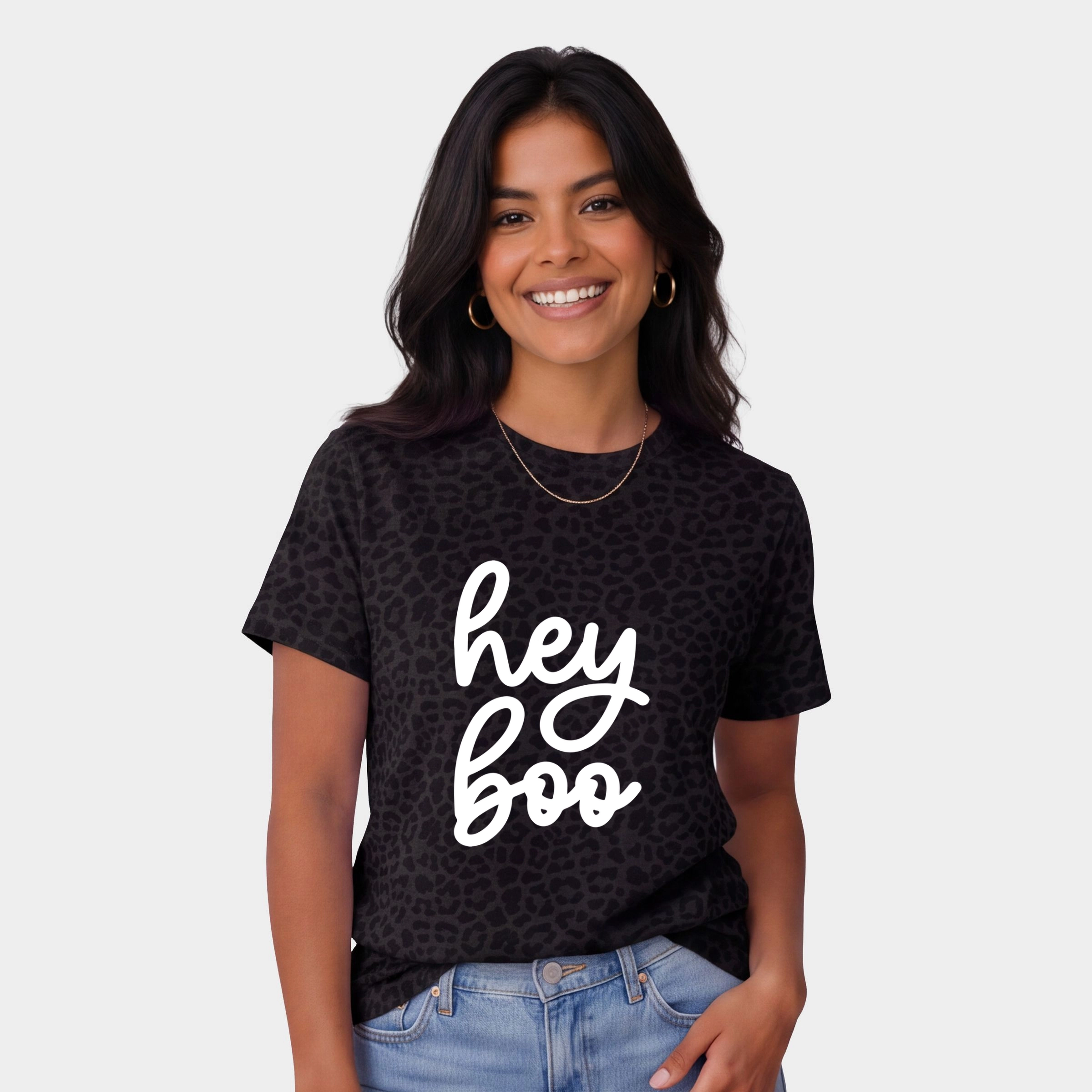 Simply Sage Market - Women's Leopard Print Tee Hey Boo Cursive Puff