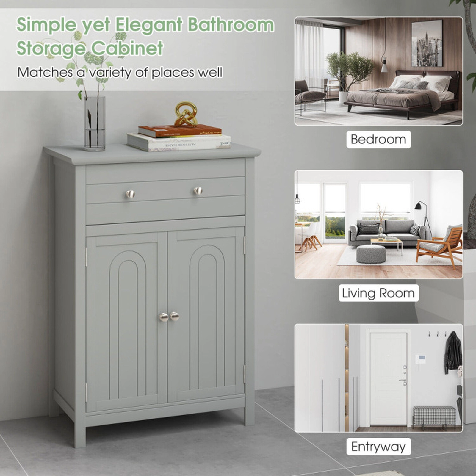SUGIFT Gray 110-lb Top Capacity 2-Door Wooden Bathroom Floor Storage Cabinet with Drawer and Adjustable Shelf