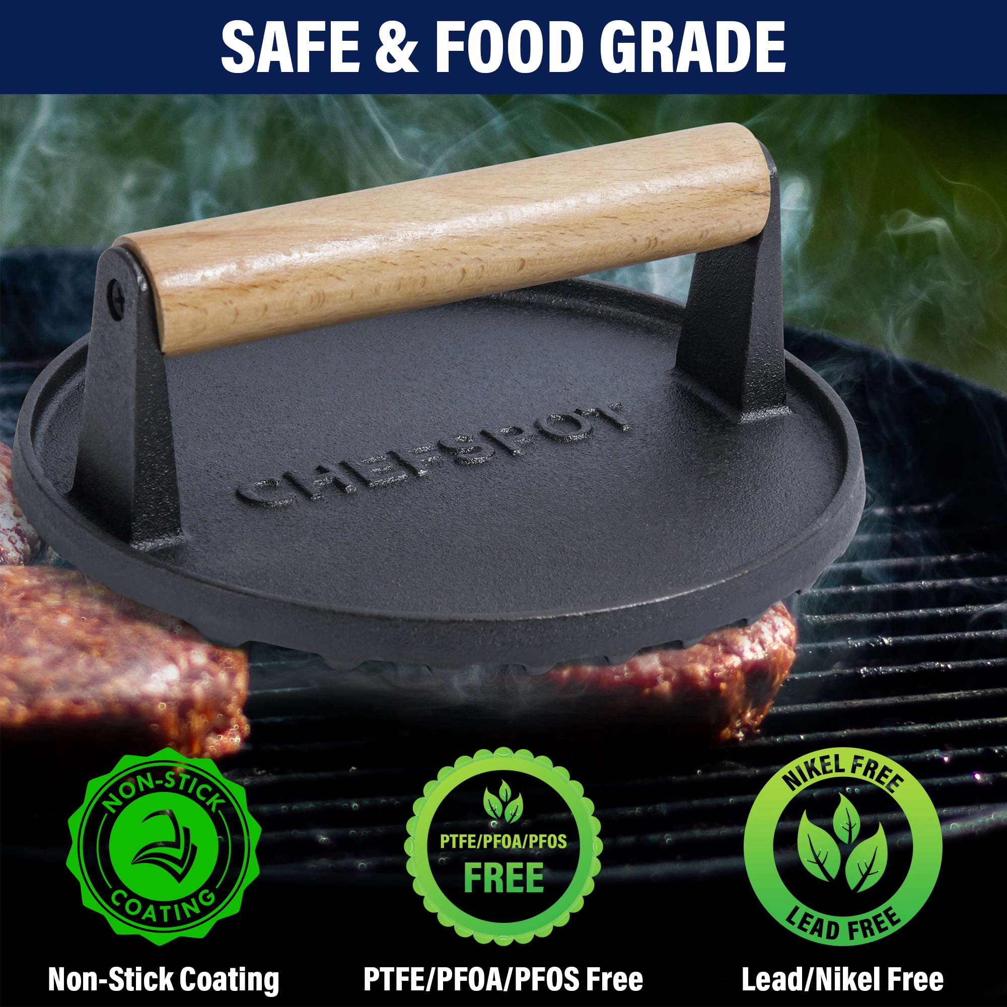 CHEFSPOT 7 Inch Cast Iron Burger Press With Wood Handle