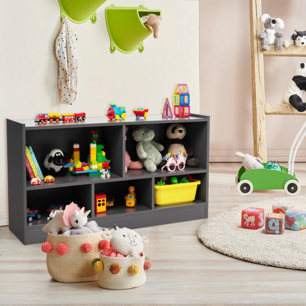 Hivvago Kids 2-Shelf Bookcase 5-Cube Wood Toy Storage Cabinet Organizer