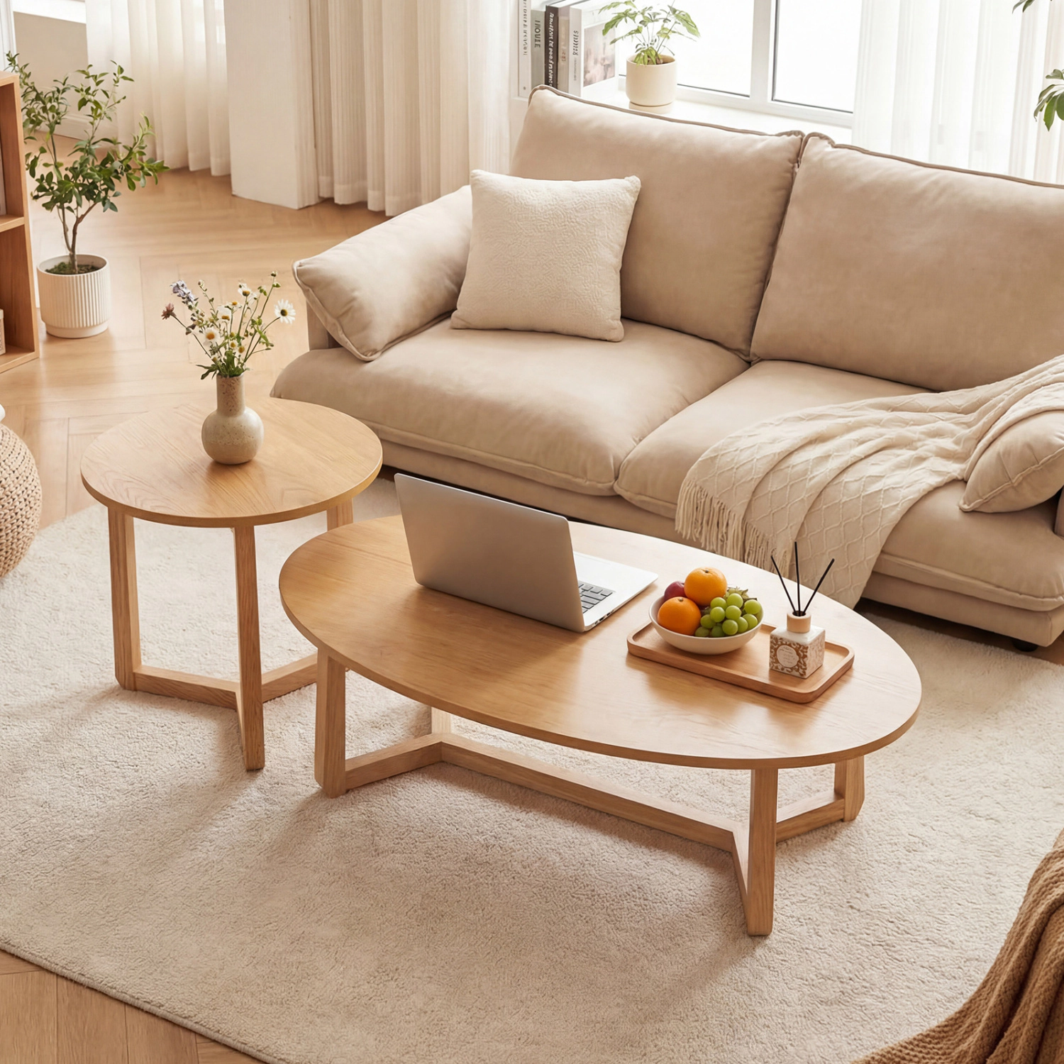 LJG Nesting Coffee Table Set of 2 with Wood Veneered Top and Solid Rubber Wood Legs