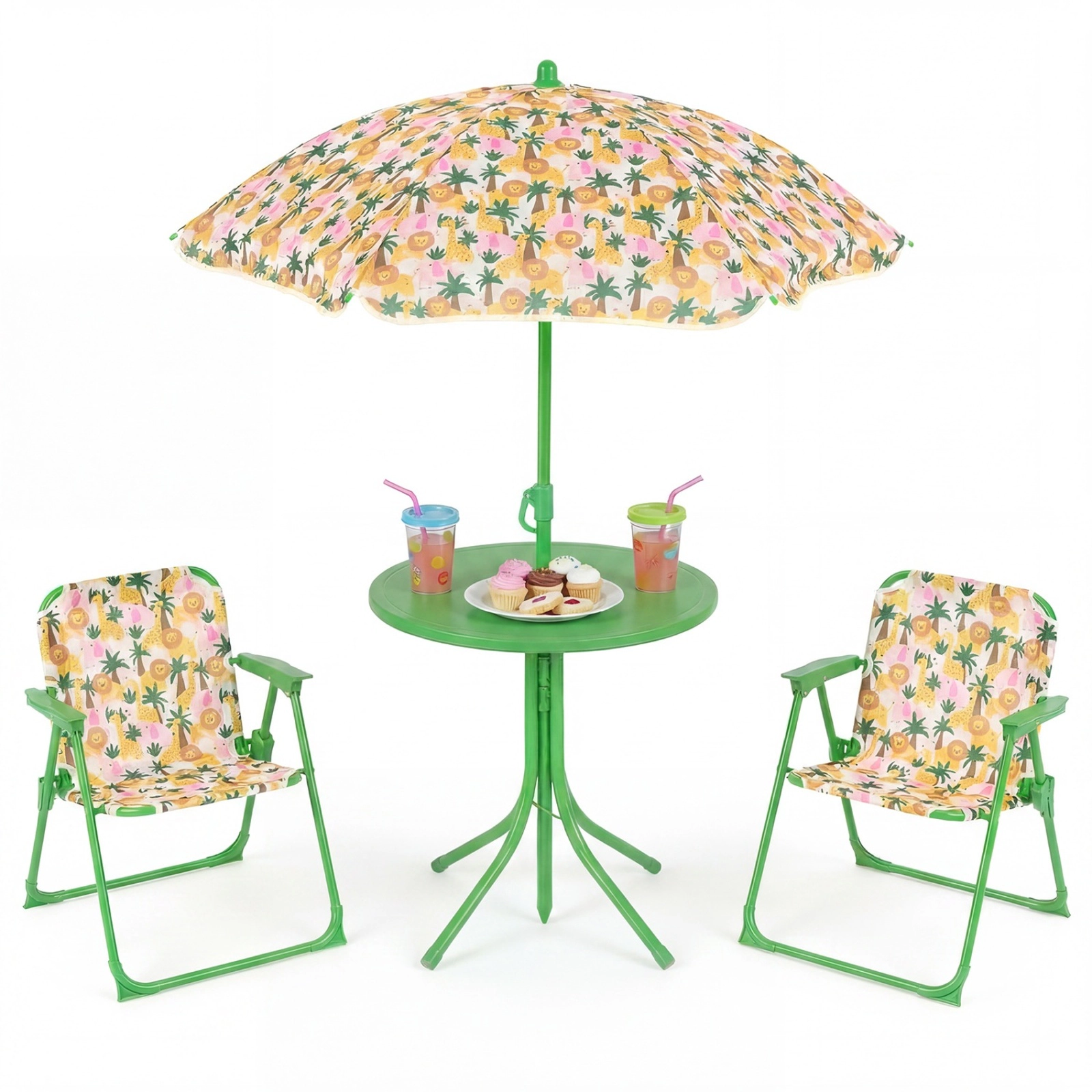 SUGIFT Kids Outdoor Table & Chair Set with 2 Folding Chairs & Height Adjustable Umbrella 165-lb Chair Capacity Ages 3-6