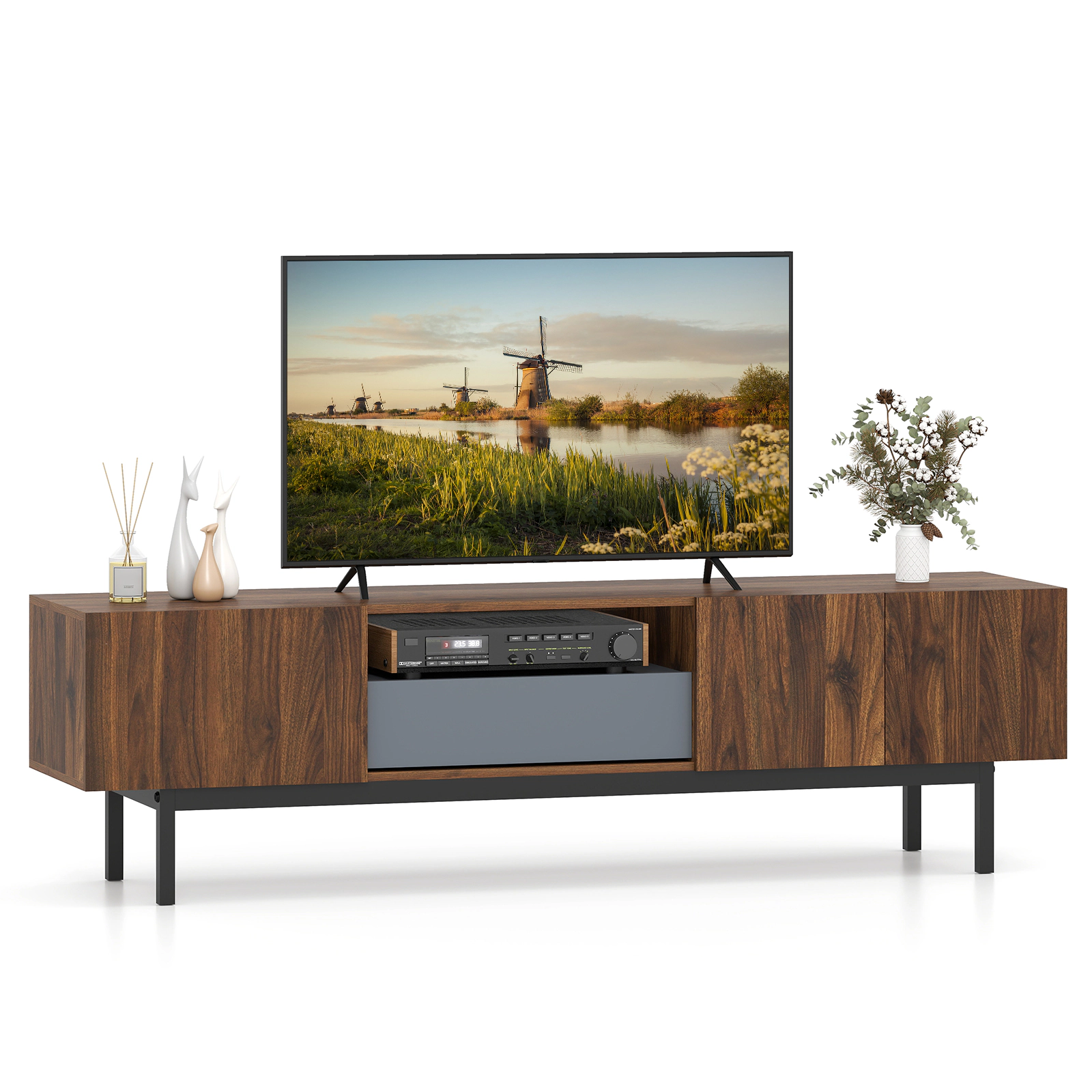 Glintex 71-Inch Mid-Century TV Cabinet with 3 Storage Zones and Drawer, Walnut & Grey