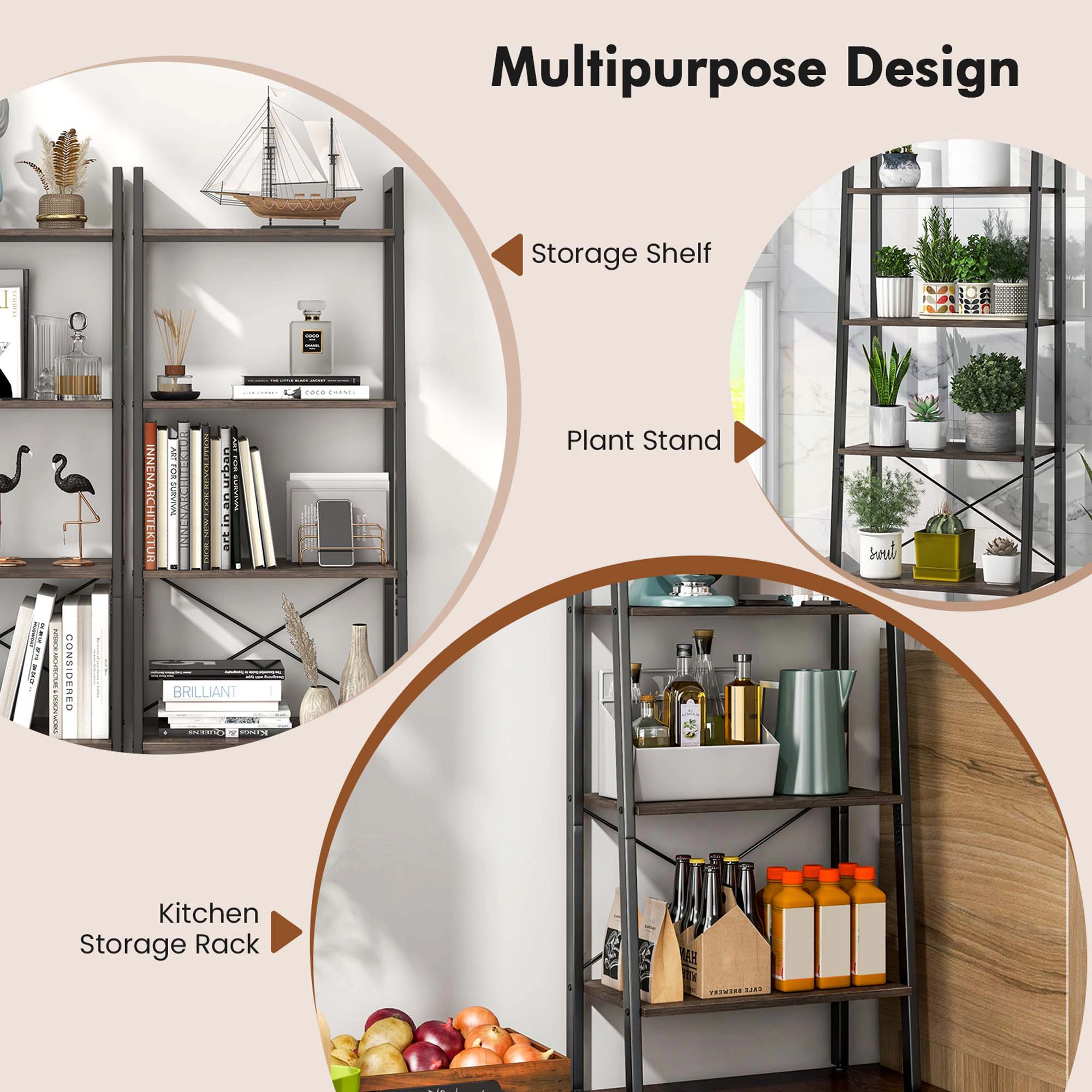 Costway 4-Tier Wood Ladder Shelf Bookcase Bookshelf Display Rack Dark Grey
