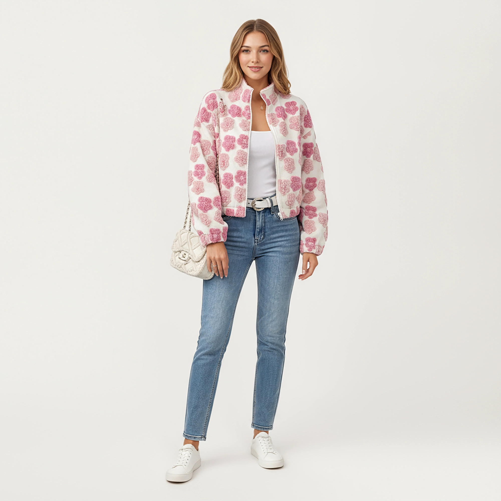 Anna-Kaci Women's Zip-Up Jacket with 3D Floral Pattern and Elastic Hem
