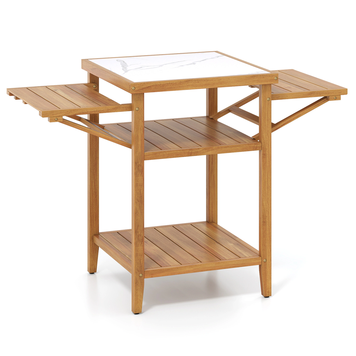 LJG Acacia Wood Outdoor Grill Table with Faux Marble Top and Drop-Leaf Side Panels
