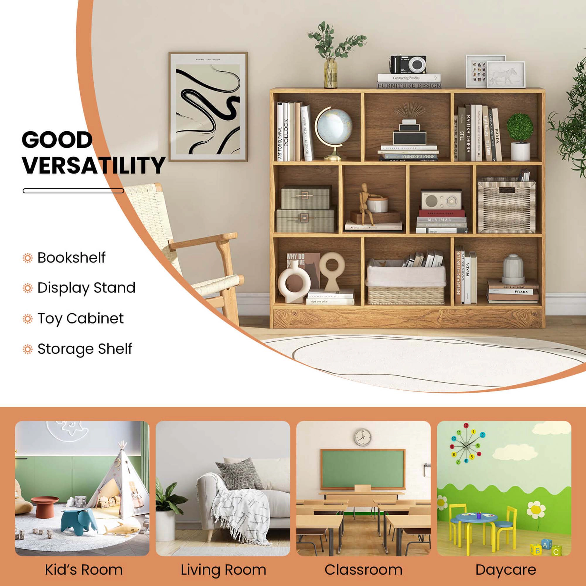 Costway 10-Cube Bookcase for Kids 41"Wooden Toy Storage Organizer Kid’s Room Natural