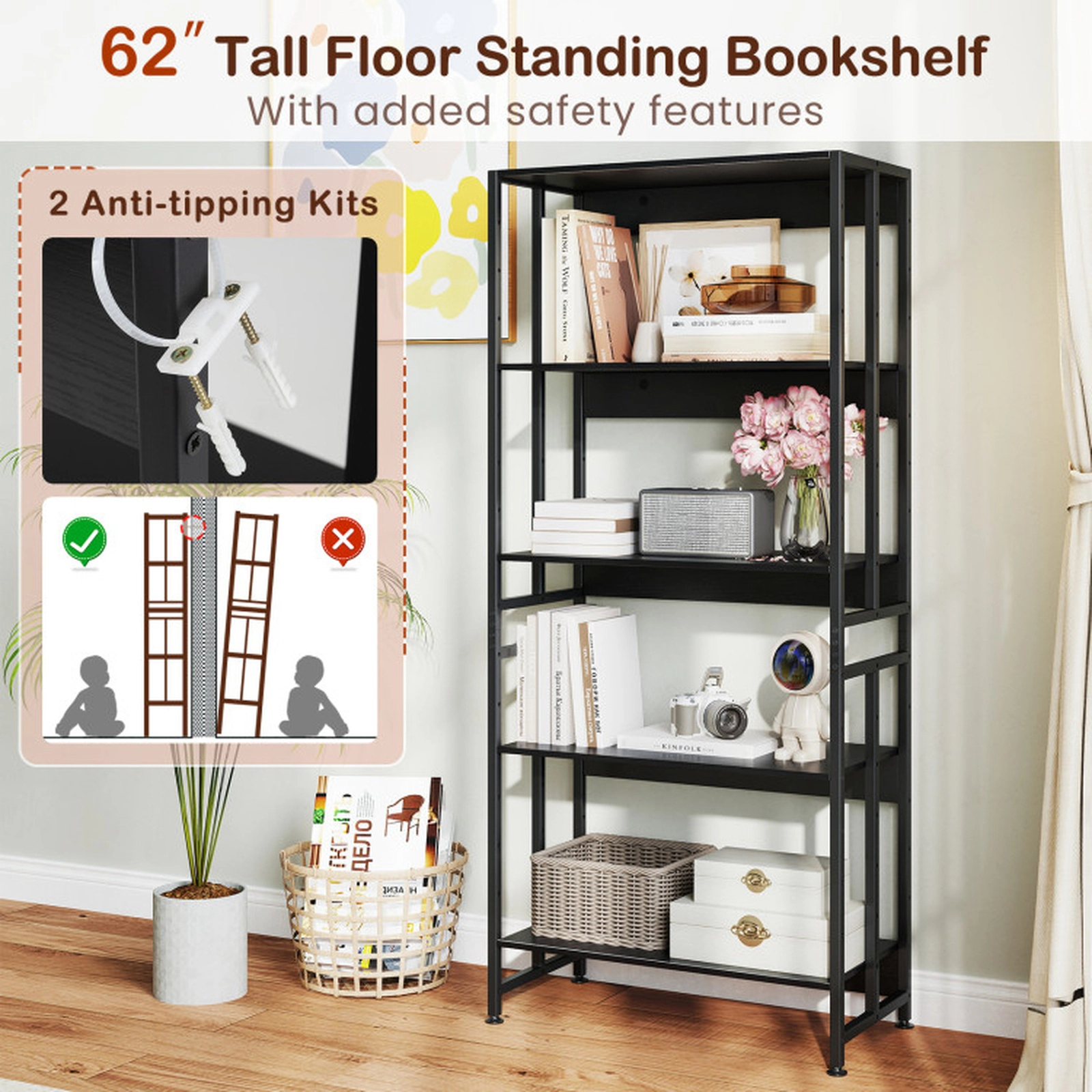 SUGIFT 5-Tier Bookshelf 62 with Reversible Tiltable and Removable Shelves