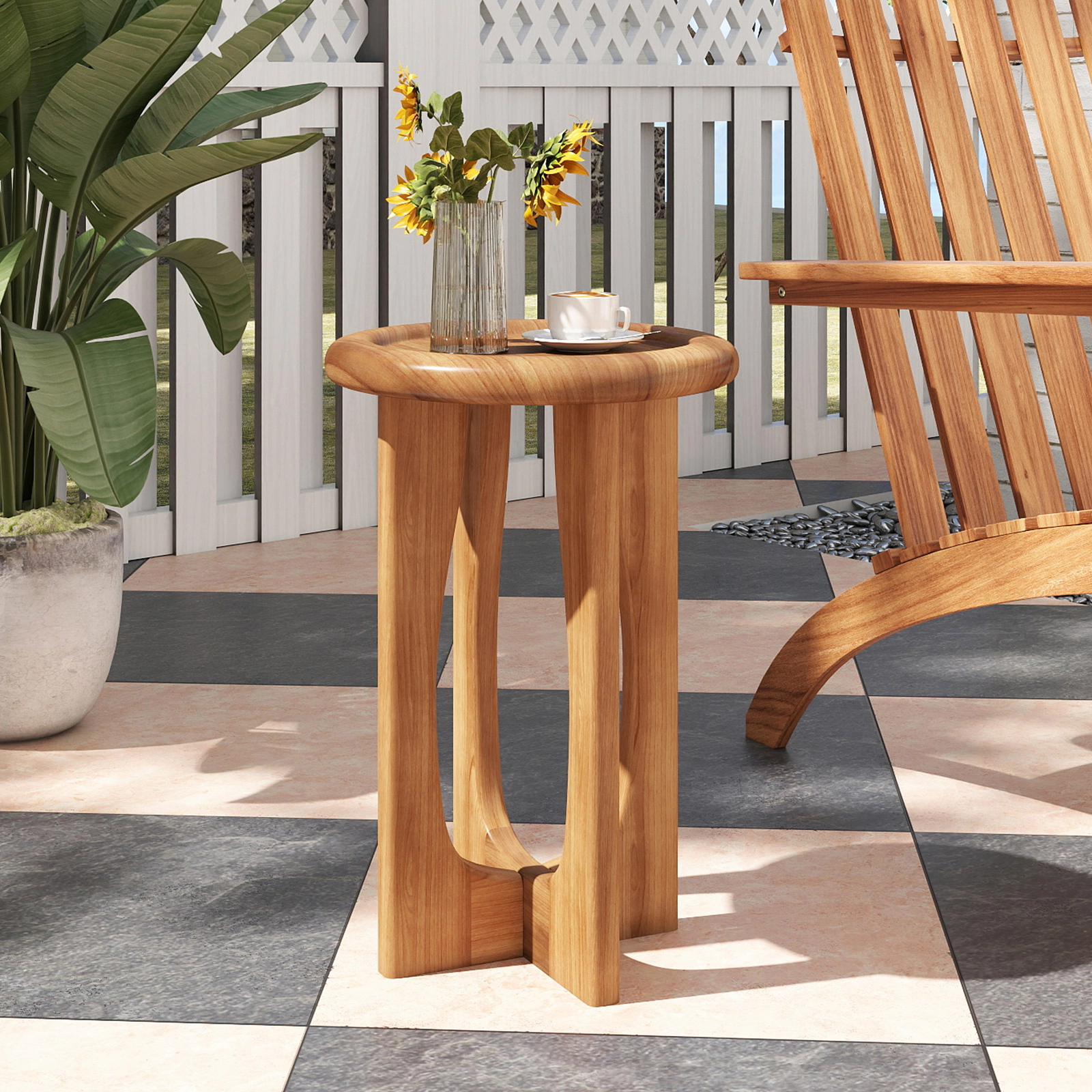 SUGIFT 14-in Round Solid Mahogany End Table, Tray Top, Cross Legs, Natural