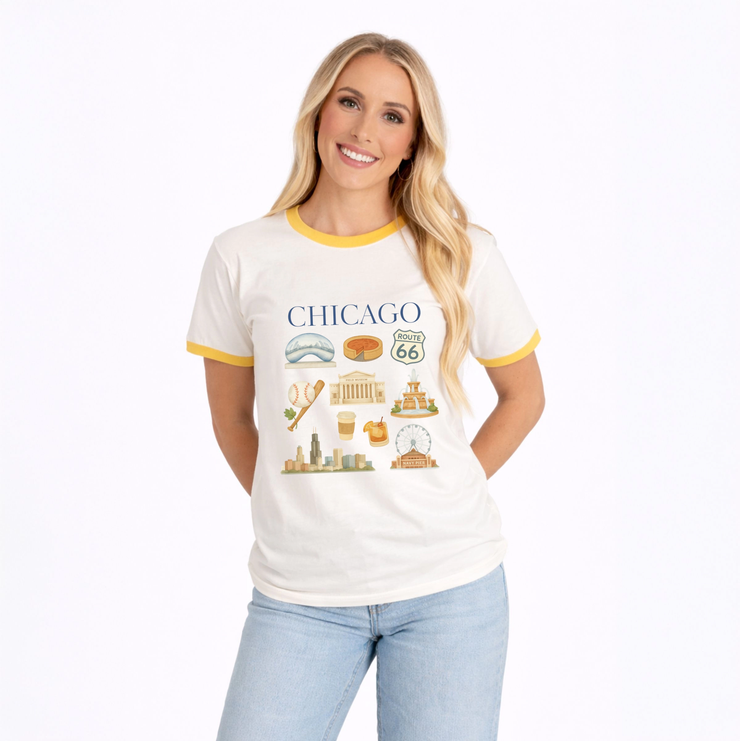 Simply Sage Market - Chicago Watercolor Collage Women's Ringer Graphic T-Shirt