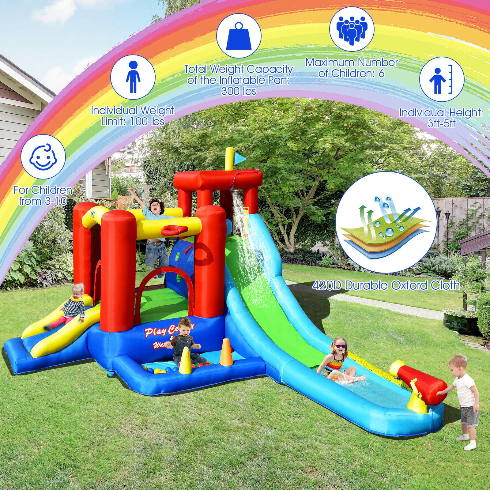 LJG 9-in-1 Inflatable Kids Water Slide Bounce House with 860W Blower