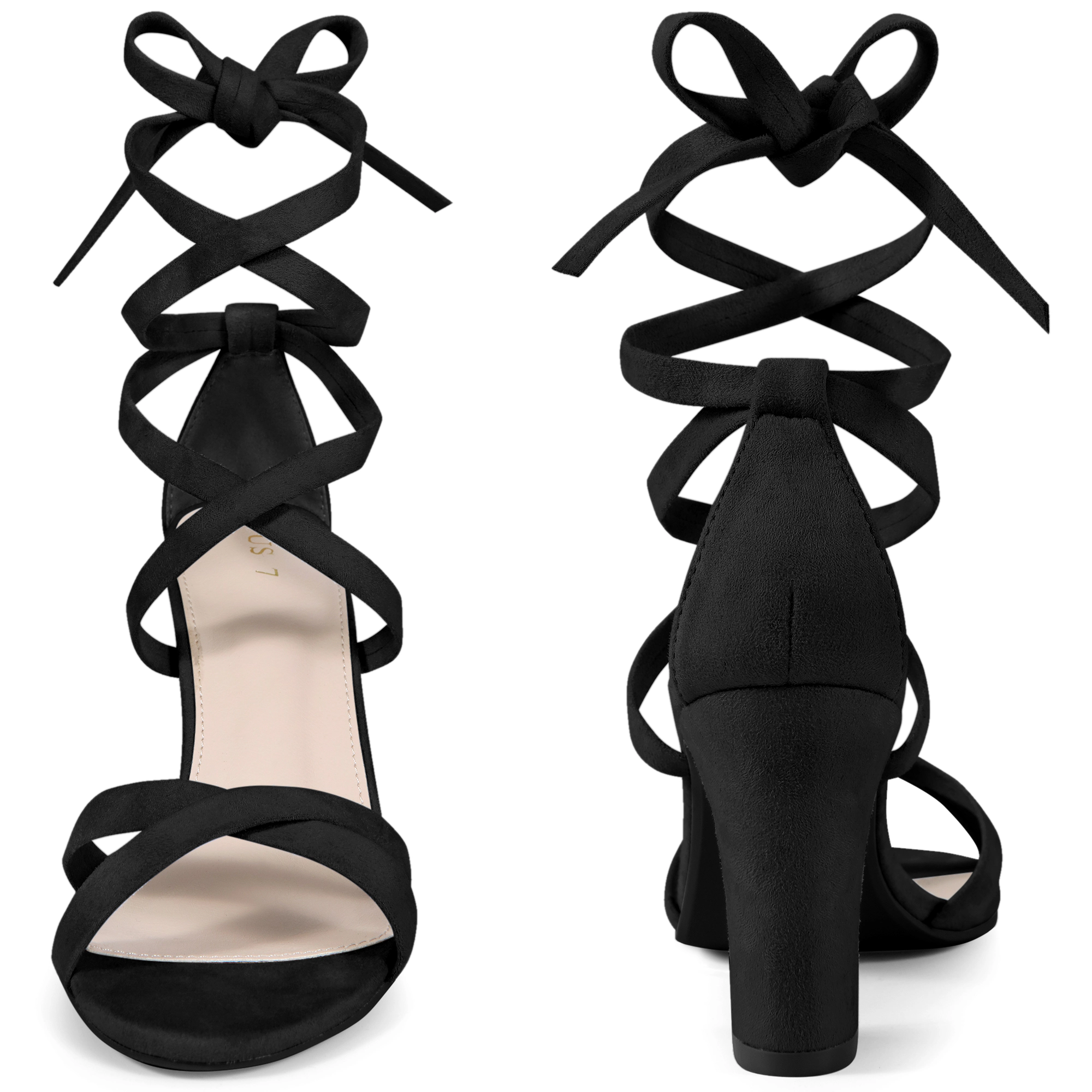 BLISSFUL STEP Women's Faux Suede Strappy Lace Up Open Toe Block Heel Sandals