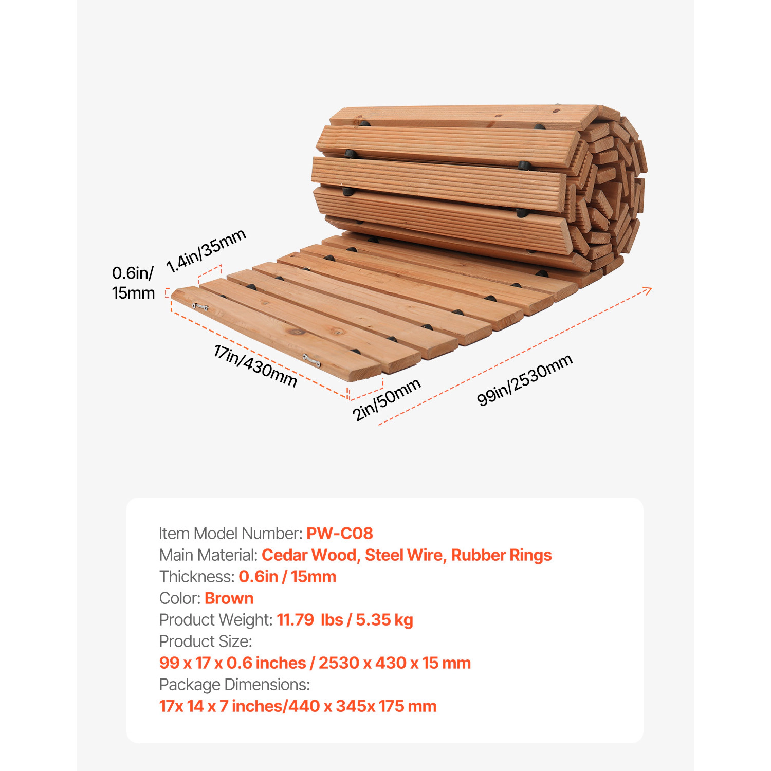 HONGGE Wooden Garden Pathway L 17 in W Non-Slip Straight Garden Walkway Roll Out Cedar Outdoor Walkway Path with Wire