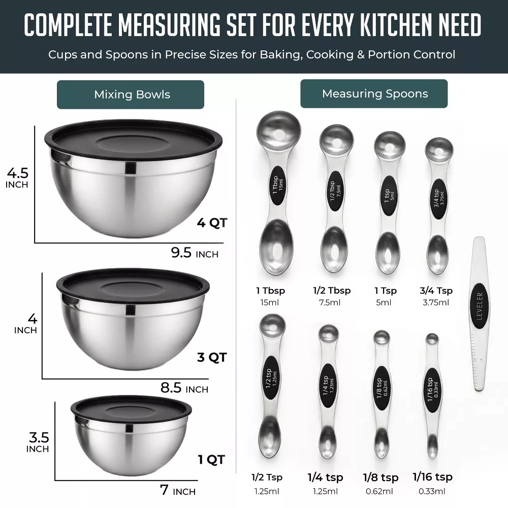 Luminuxe 12 Piece Kitchen Mixing & Measuring Set, Stainless Steel Mixing Bowl with Lids and Nesting Magnetic Spoons