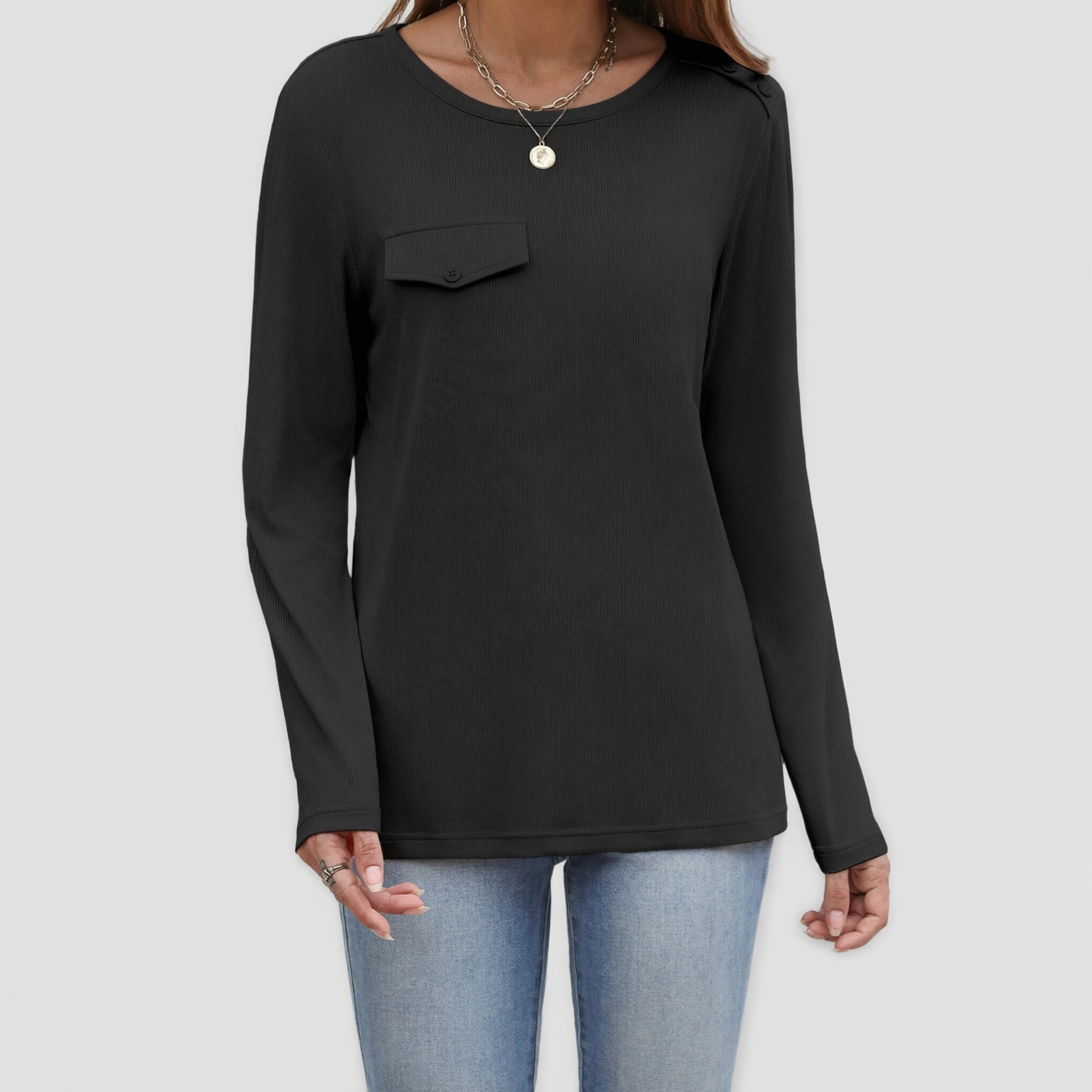 Zeagoo Women's Crew Neck Shoulder Button Chest Pocket Long Sleeve T-shirt