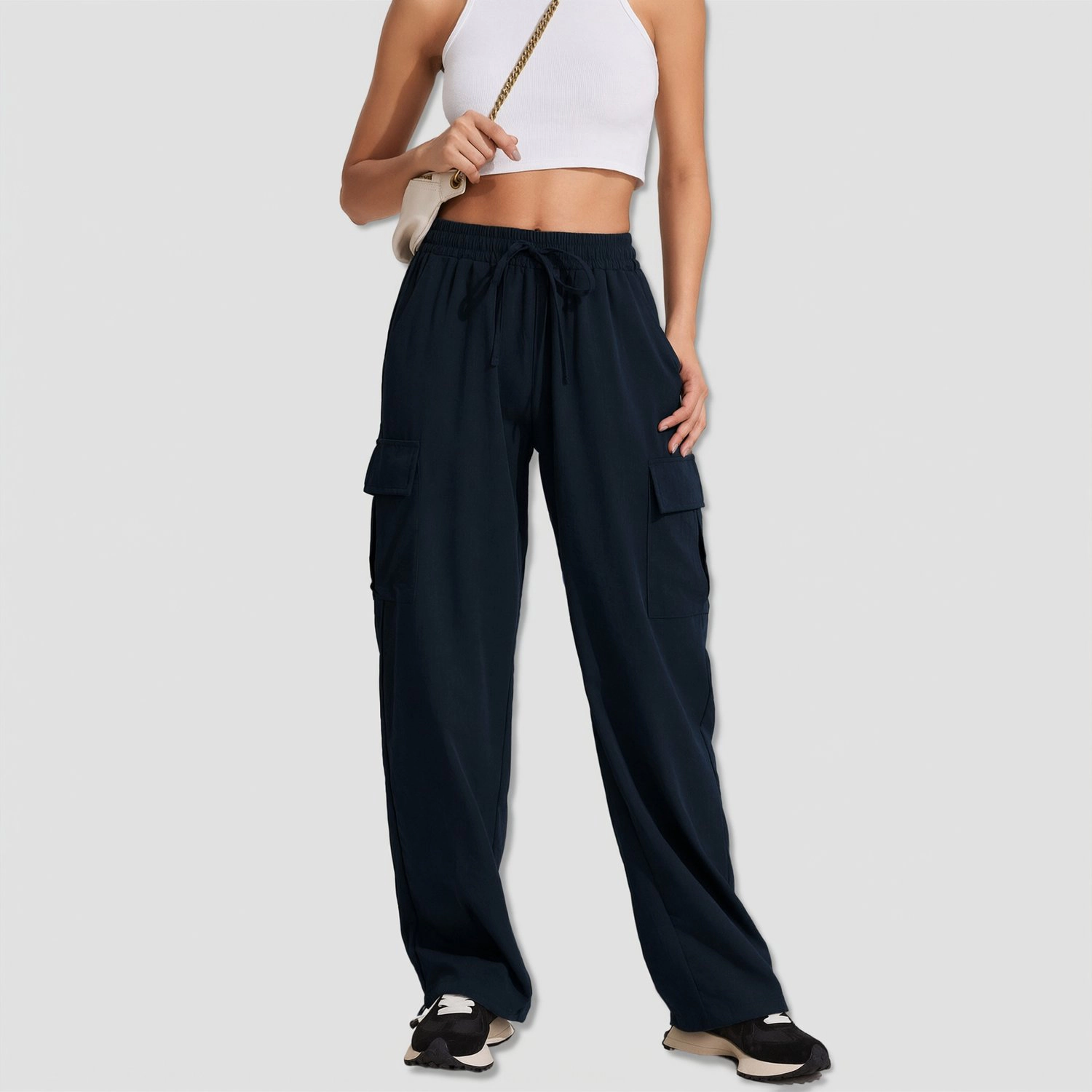 Pinspark Womens Solid Wide Leg Cargo Pants Elastic Waist Drawstring Casual Trousers