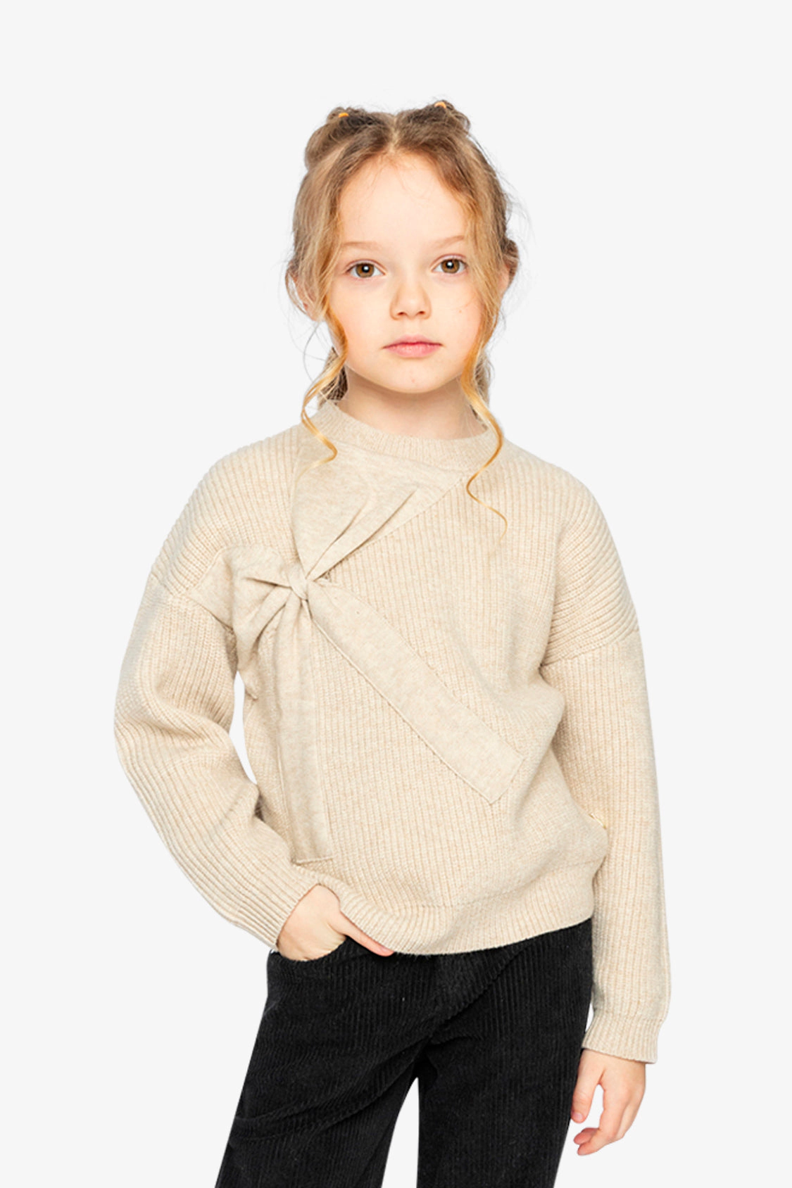 Deux par Girls Ribbed Knit Sweater with Dimensional Bow
