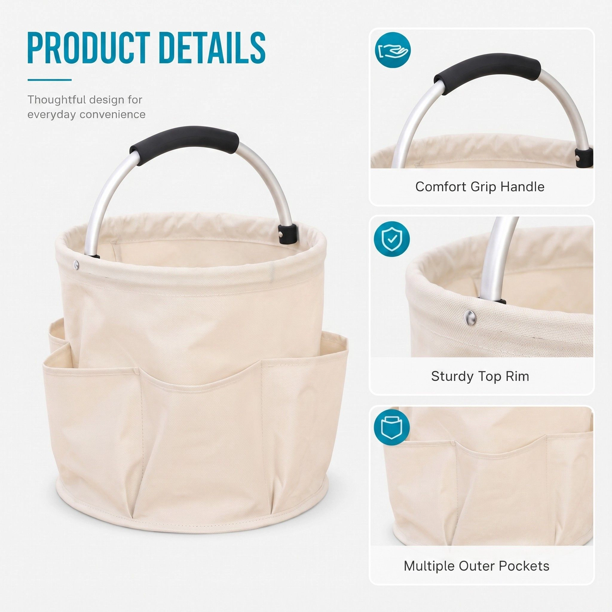 Alilang Women's Collapsible Utility Basket with Aluminum Handle and Exterior Pockets, Beige