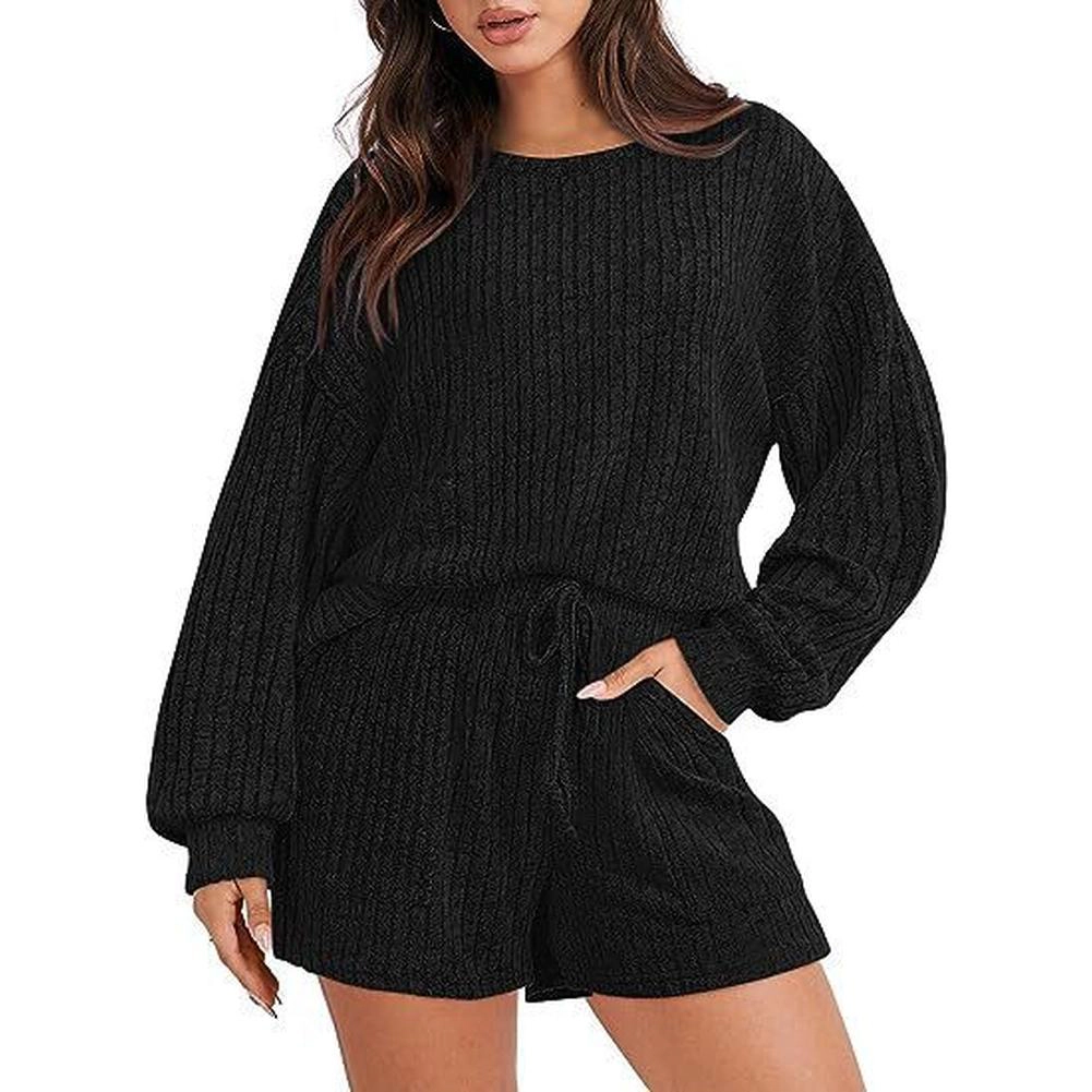 KOJOOIN Women Loungewear Ribbed Knit 2 Piece Outfit Set Long Sleeve Top and Drawstring Shorts Tracksuit