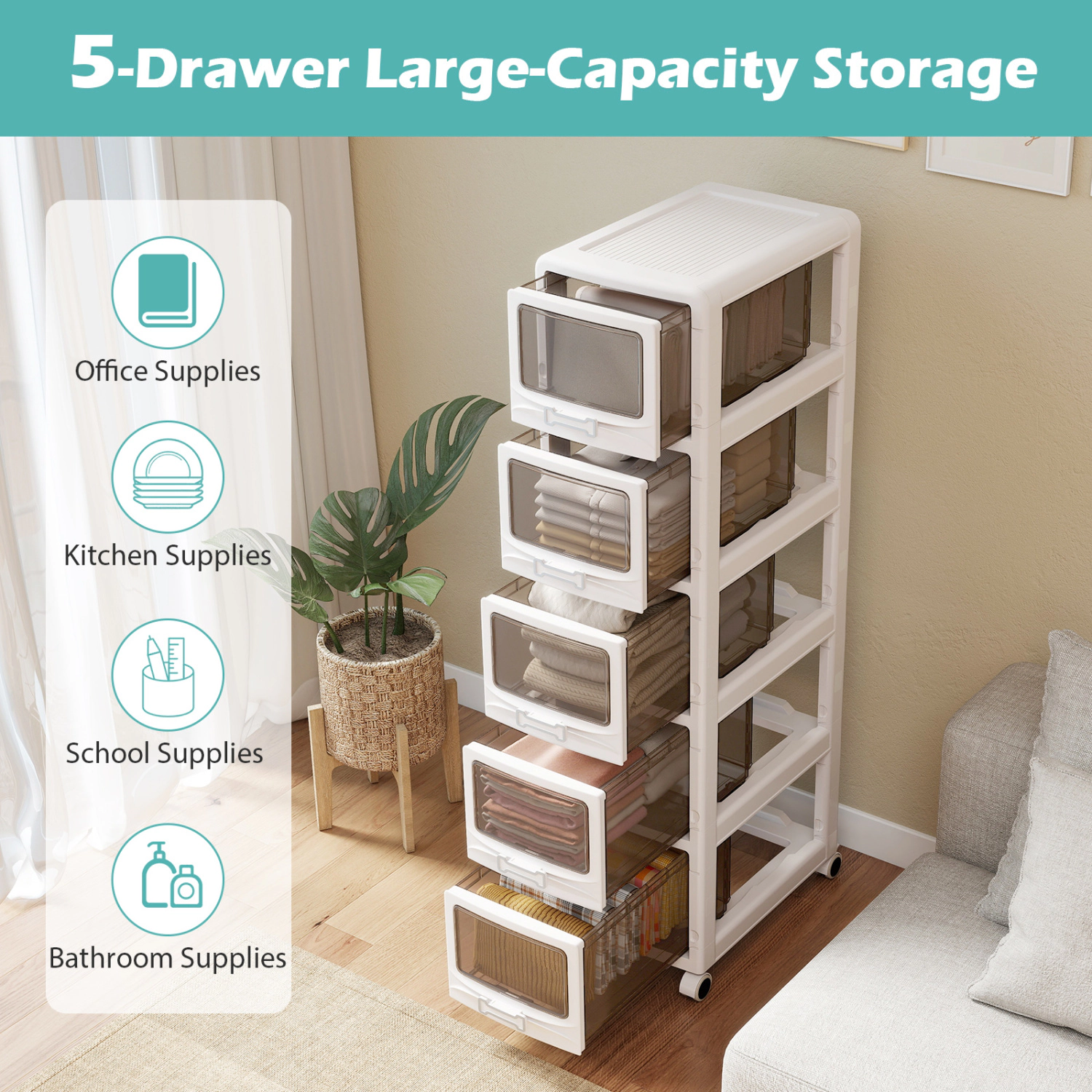 LJG 5-Tier Plastic Drawer Storage Organizer Rolling Cart with 3/4/5 Drawers and Lockable Wheels
