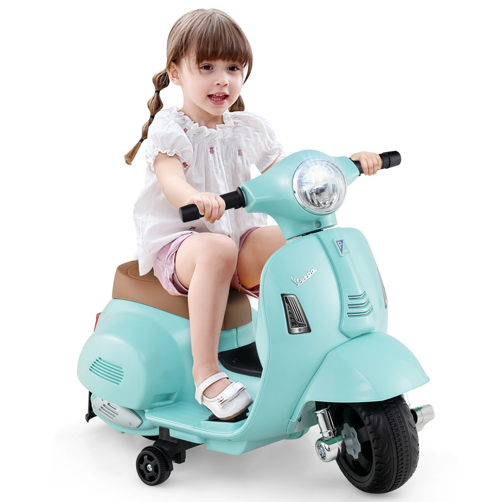 SUGIFT 6V 55-lb Capacity Green Kids Ride On Motorcycle Scooter with Training Wheels LED Headlight and Horn