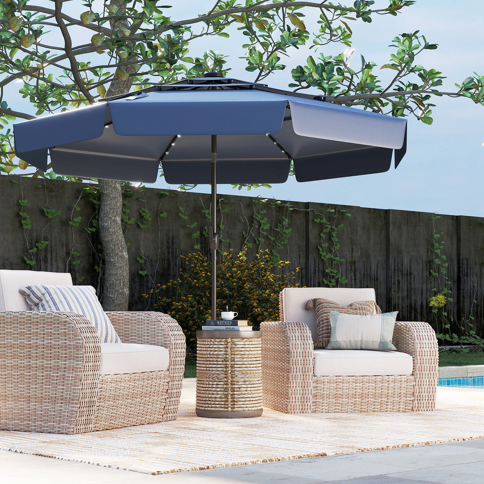 SUGIFT Navy 10 ft Solar Patio Umbrella with 3-Tier Vented Top and Auto Tilt