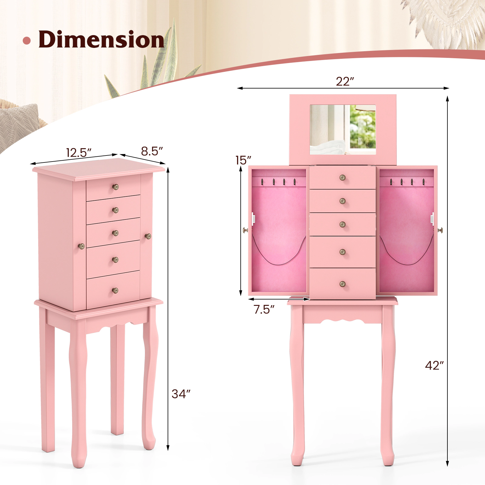 SlickBlue Jewelry Storage Cabinet with Mirror and 5 Drawers