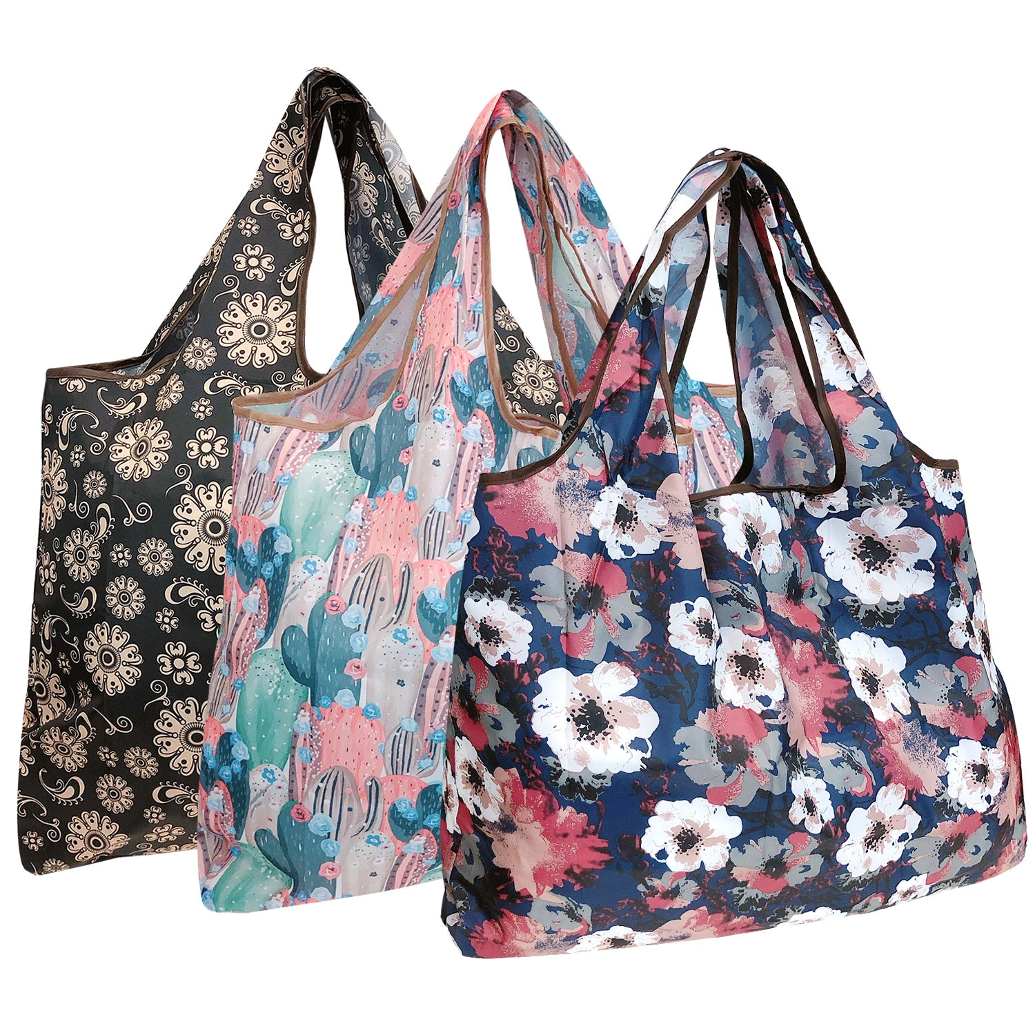 Wrapables Large Nylon Reusable Shopping Bags for Groceries (Set of 3), Cacti, Floral, Poppies