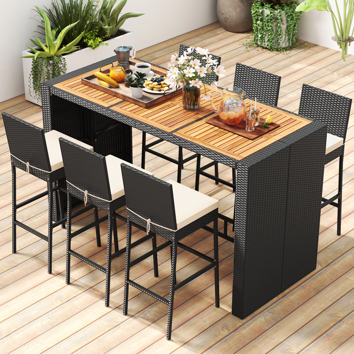 LJG 7 Pieces Patio Rattan Bar Set with Seat Cushions for Porch Yard Garden