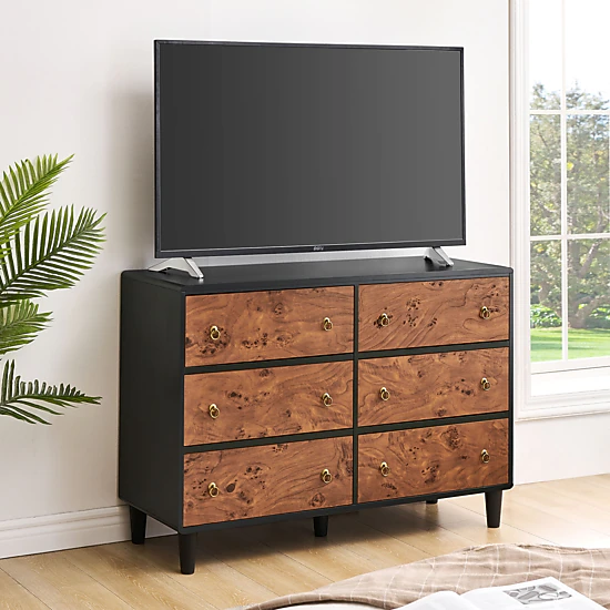 BebreezChic 6 Drawer Wide Dresser 47"L ×14"W ×32"H Bedroom Storage Chest, Burl Wood & Black Finish