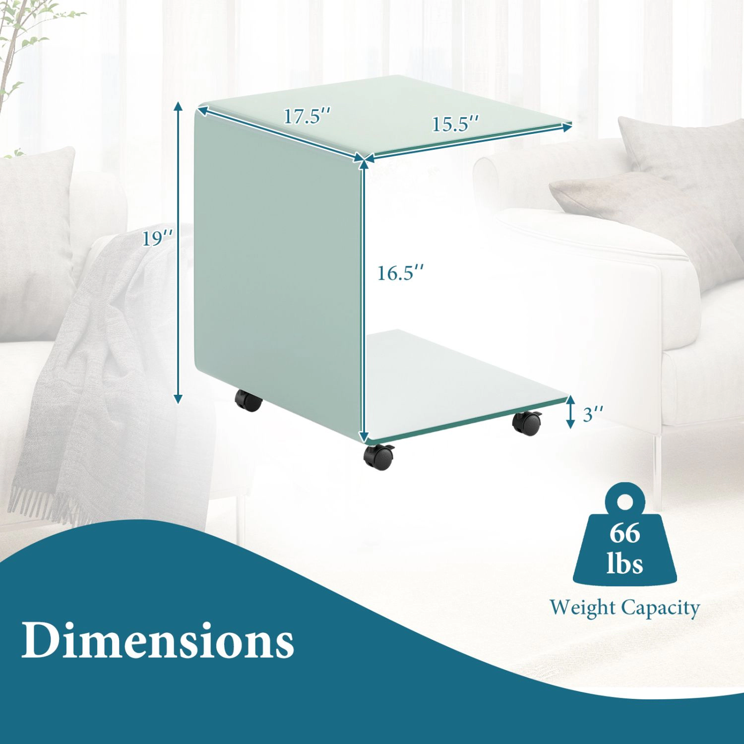 SlickBlue Mobile Side Table with Lockable Wheels, Glass Surface and Open Storage
