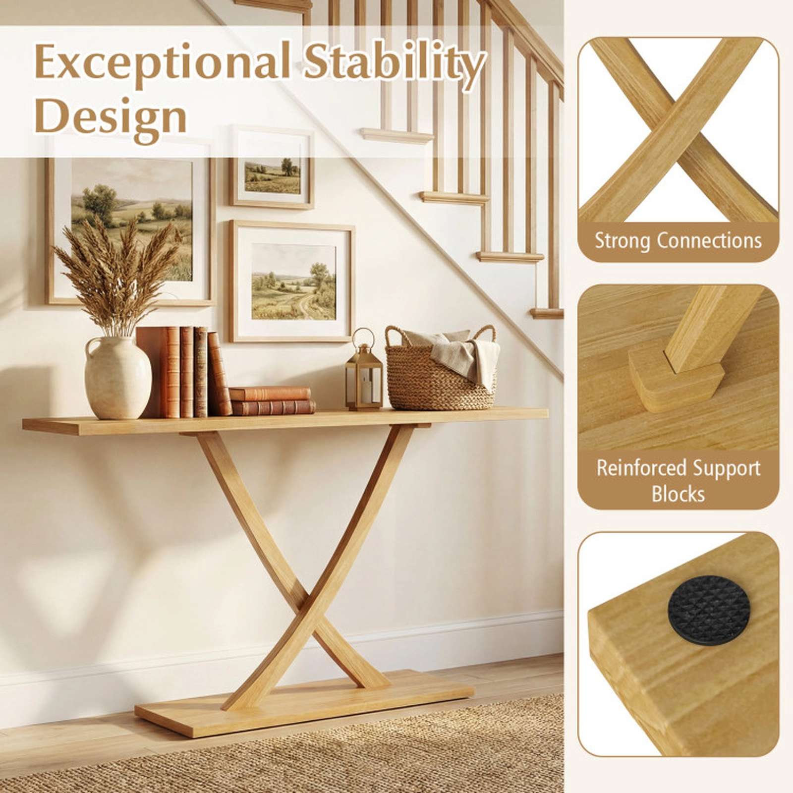SUGIFT Solid Teak Wood Geometric X Frame 1.2-in Thick Top Console Table 57-in x 12-in x 32-in 110-lb Capacity Natural