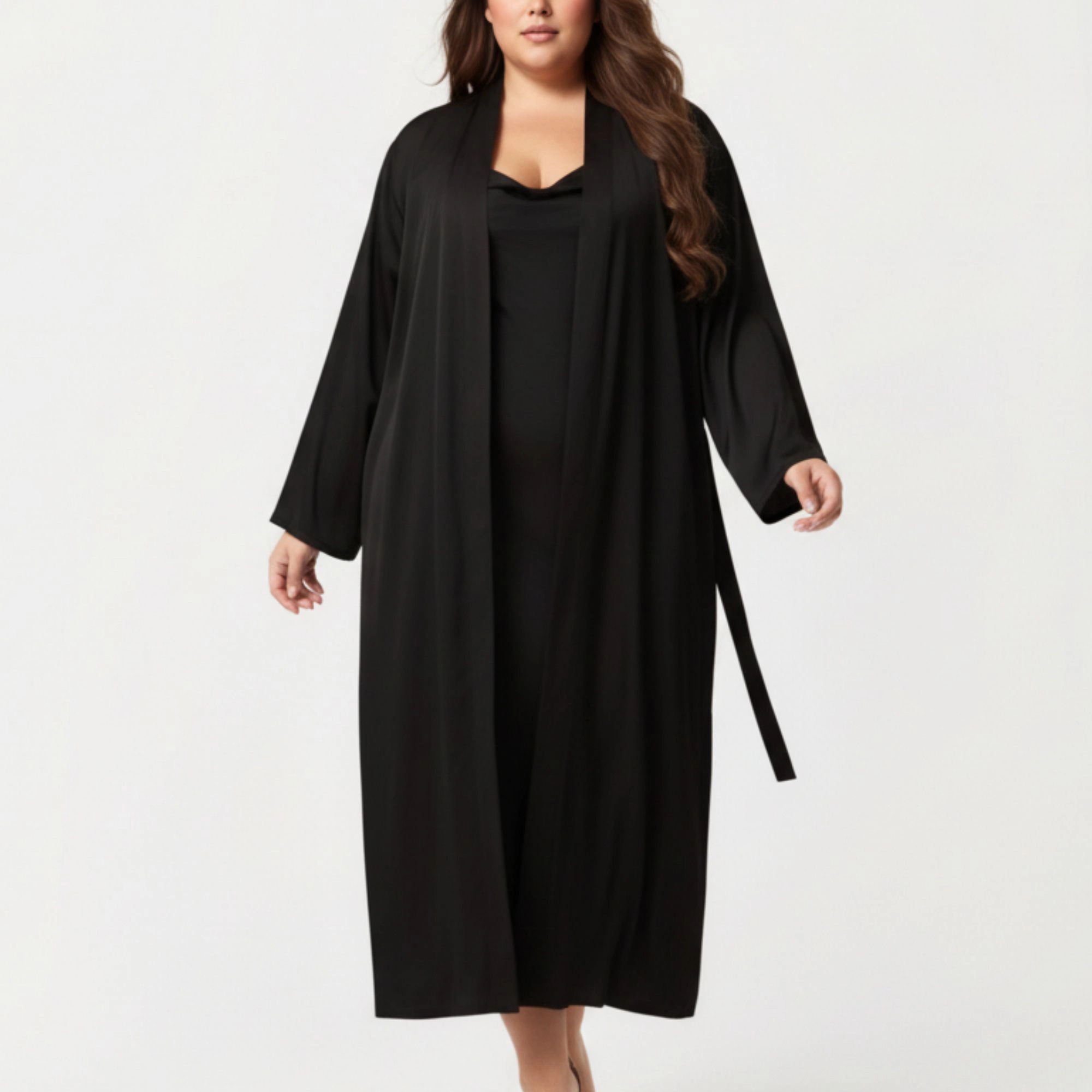 Anna-Kaci Women's Plus Long Robe Set Soft Draped Silhouette and Smooth Flowing Fabric for an Layered Lounge Look