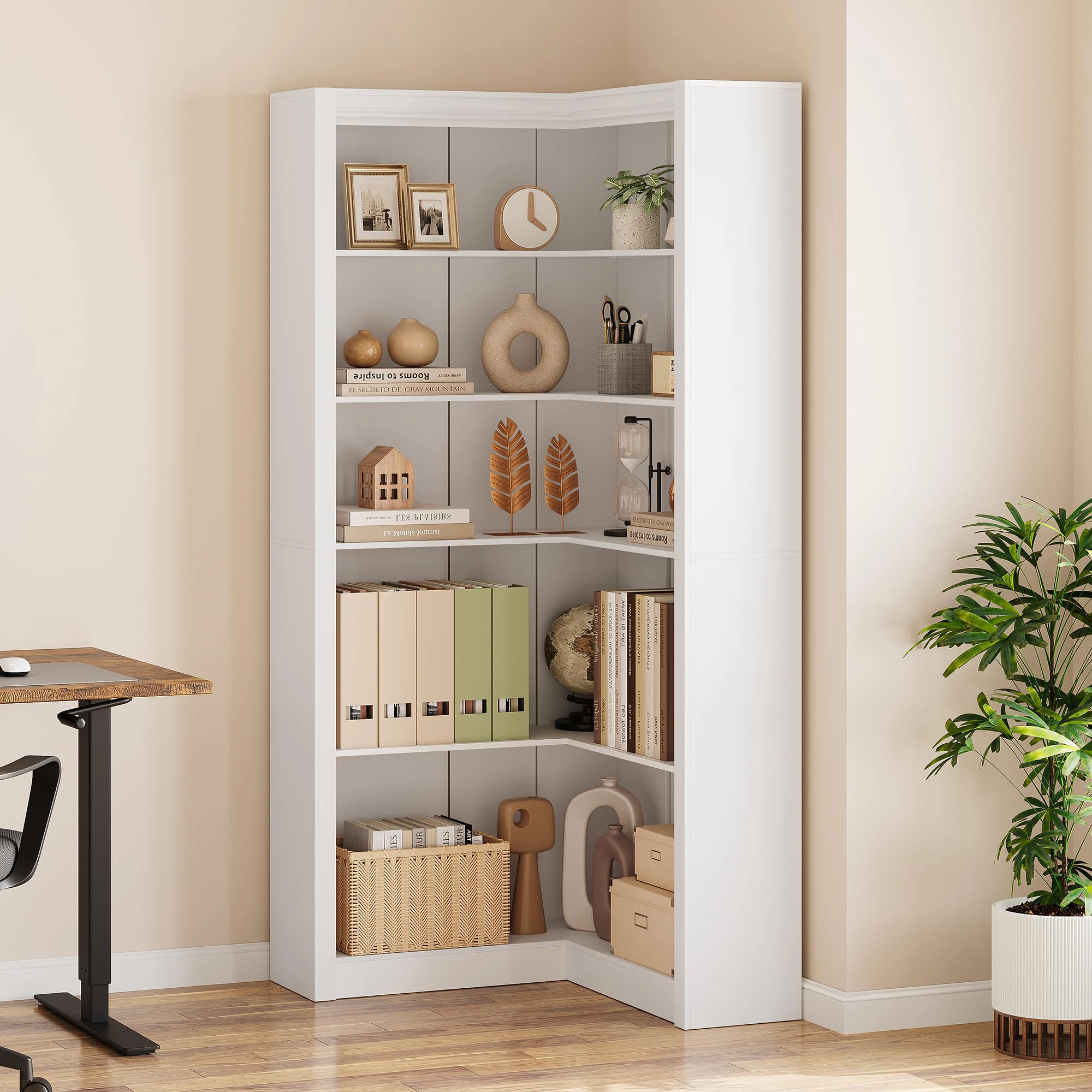 BebreezChic Large Industrial Corner Bookshelf – 5-Tier L-Shaped Wooden Display Shelves