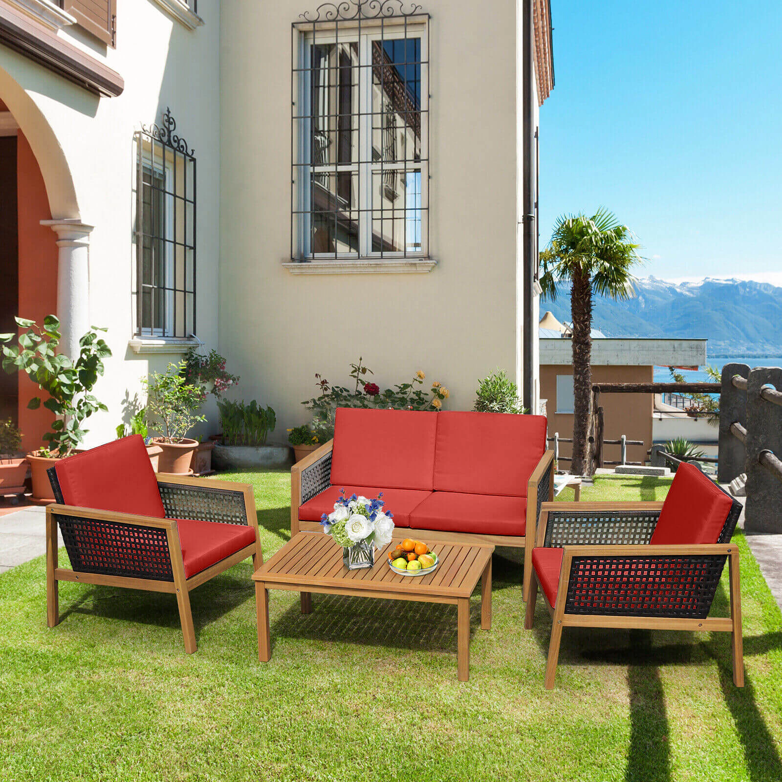 SUGIFT 4-Piece Red Rattan Patio Furniture Set with Acacia Loveseat, 2 Chairs and Table