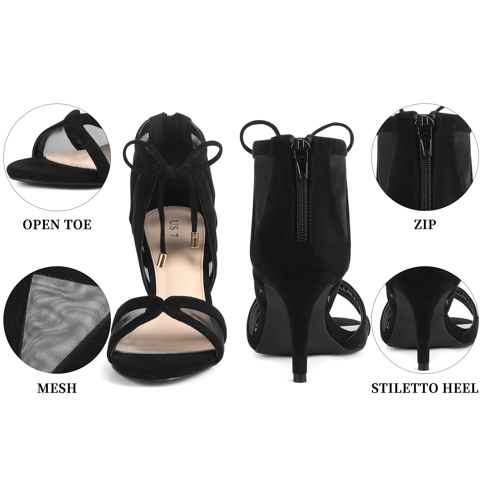 BLISSFUL STEP Women's Mesh Open Toe Lace Up Zip Stiletto Heel Gladiator Sandals