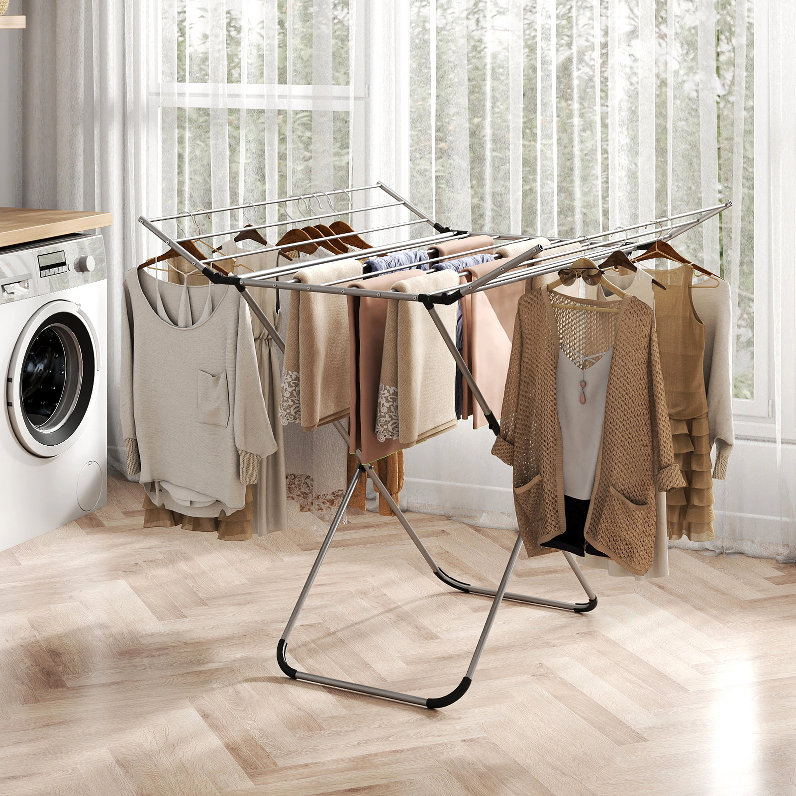 SUGIFT Silver Folding Aluminum Clothes Drying Rack with 2 Side Wings 14 Rods and 60-ft Hanging Space