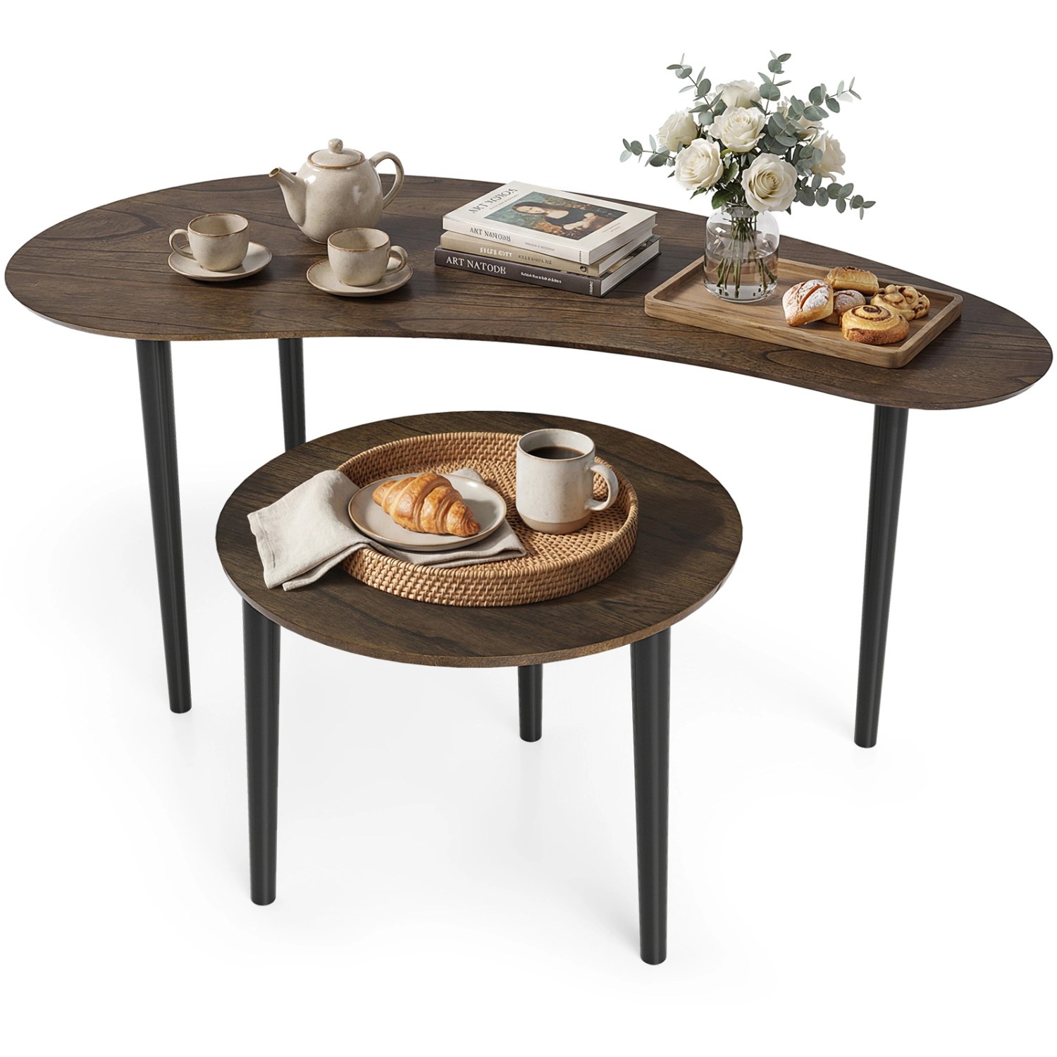 Glintex 2-Piece Mid-Century Nesting Table Set with Kidney and Round Tops, Walnut + Black