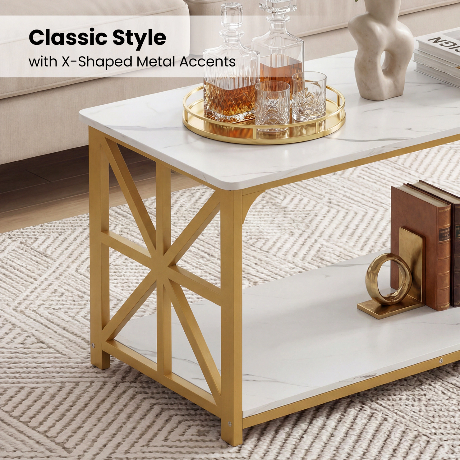 Glintex 2-Tier 43-Inch Coffee Table with X-Shaped Carbon Steel Accents