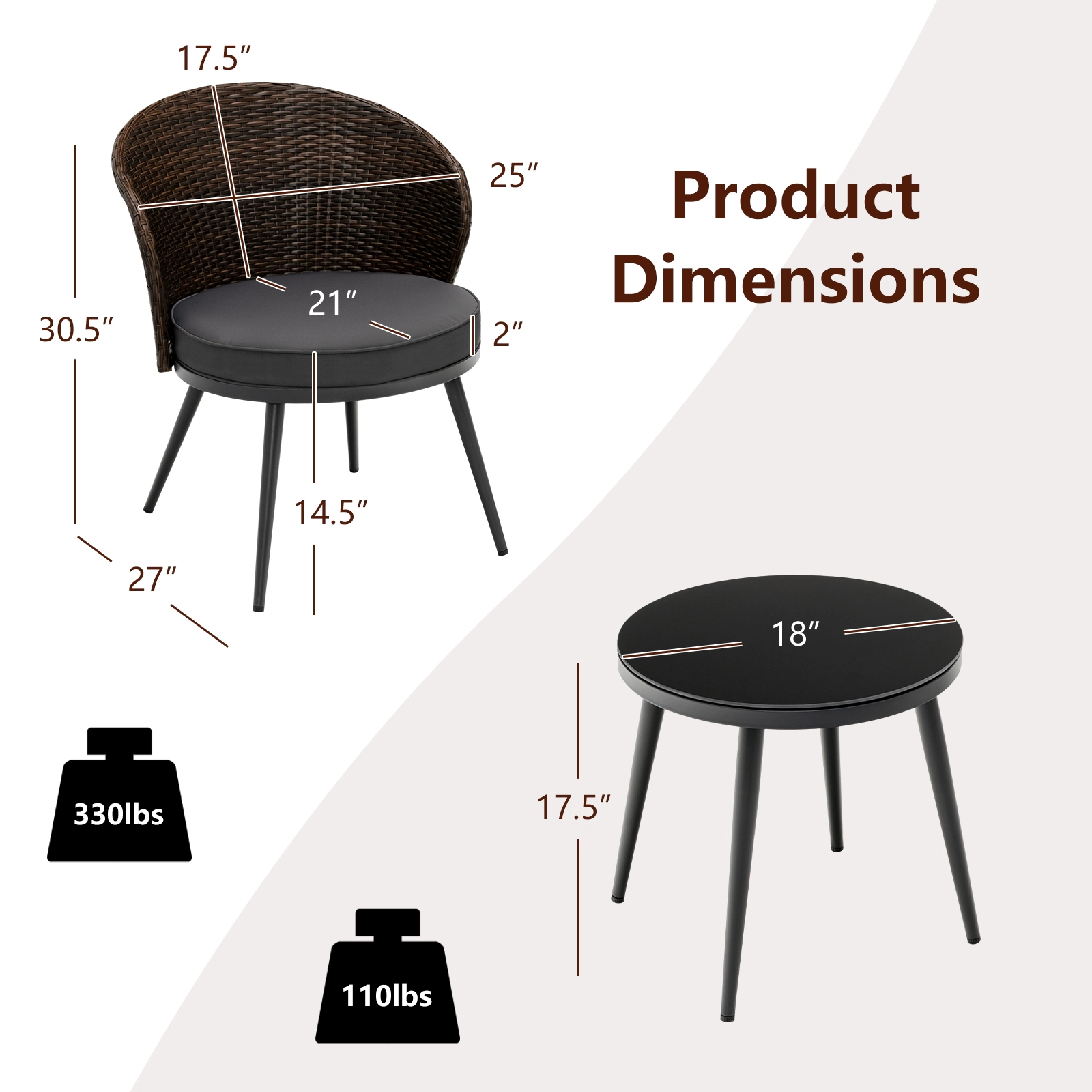 SUGIFT Patio Rattan Bistro Conversation Set with Cushions and Tempered Glass Tabletop 330-Lb Chairs Mix Brown and Gray