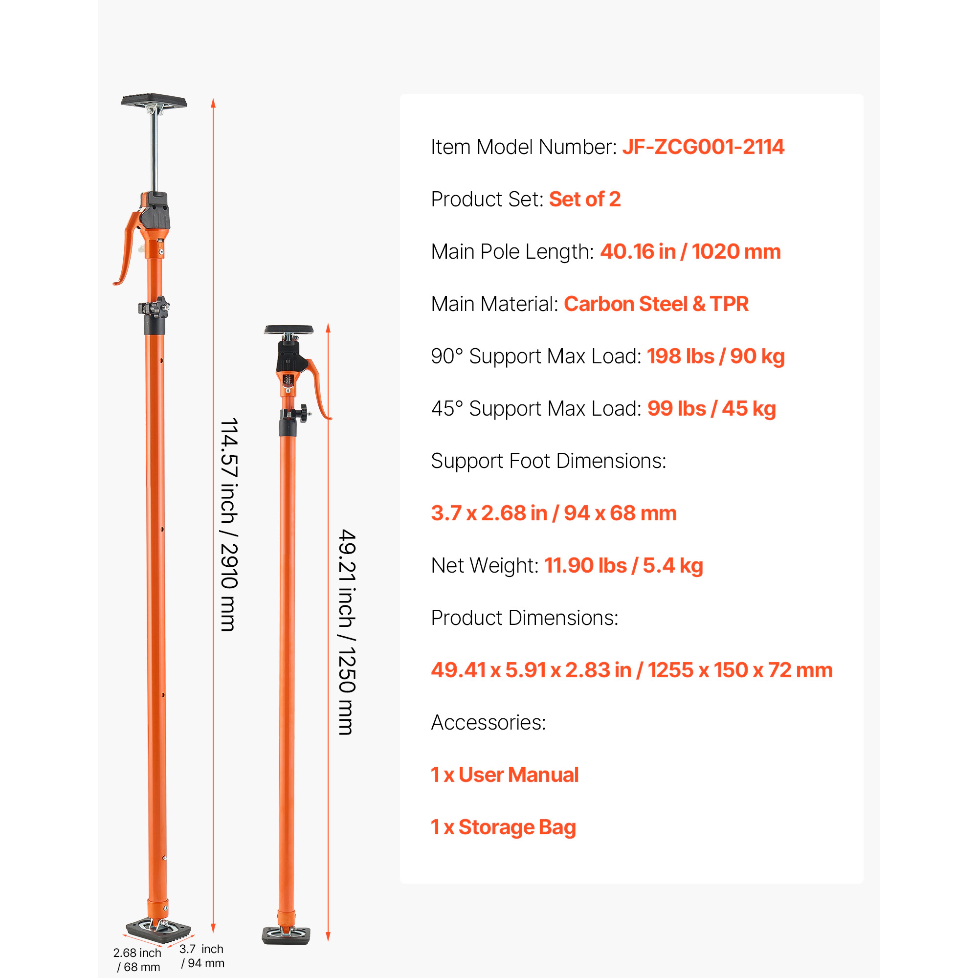 HONGGE Cabinet Jack Support Pole Steel Telescopic Quick Support Rod Adjustable 3rd Hand System for Installing Cabinets
