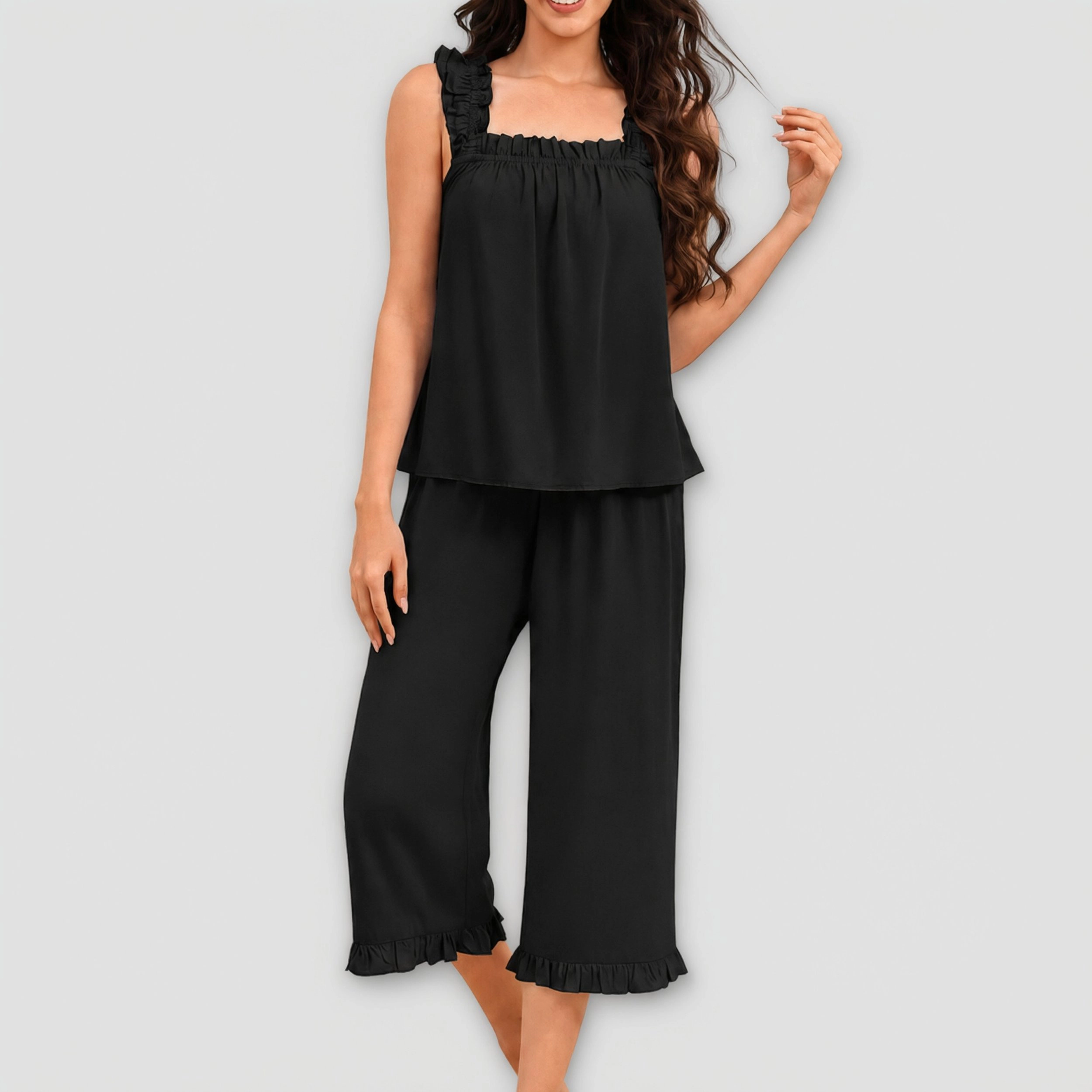 Ekouaer Women's Two Piece Ruffle Sleeveless Top and Capri Pants Pajama Set