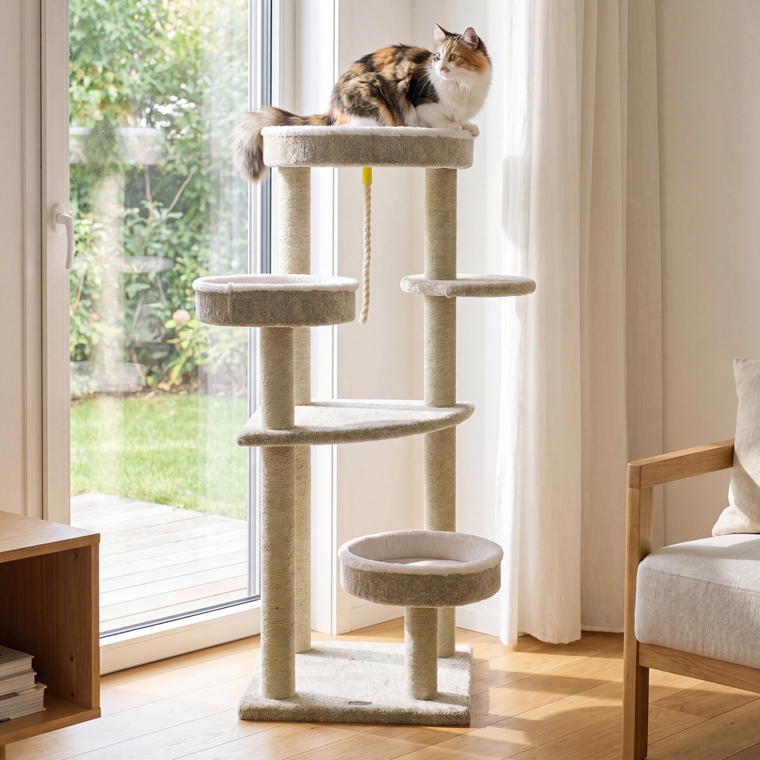 SUGIFT 51-in Carpeted Cat Tree with 19.5-in Oversized Top Perch 2 Round Perches and Jute Rope Posts