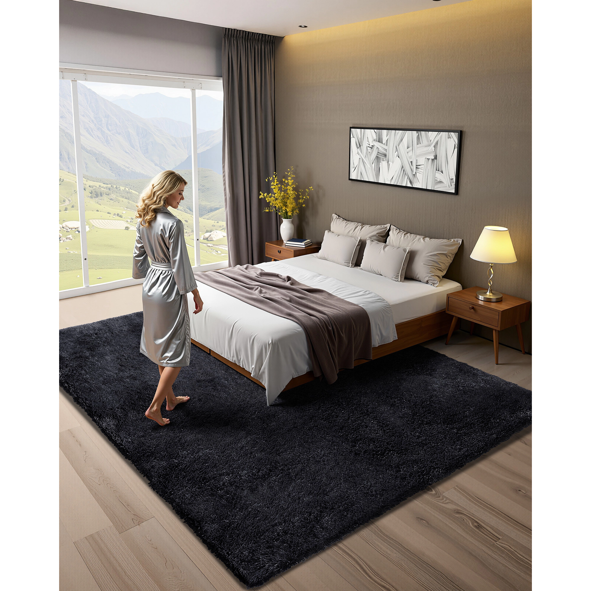 HONGGE 8 x 10 ft Plush Shag Area Rug, Fluffy Black Carpet with Non-Slip Backing for Living Room, Bedroom, Sunroom
