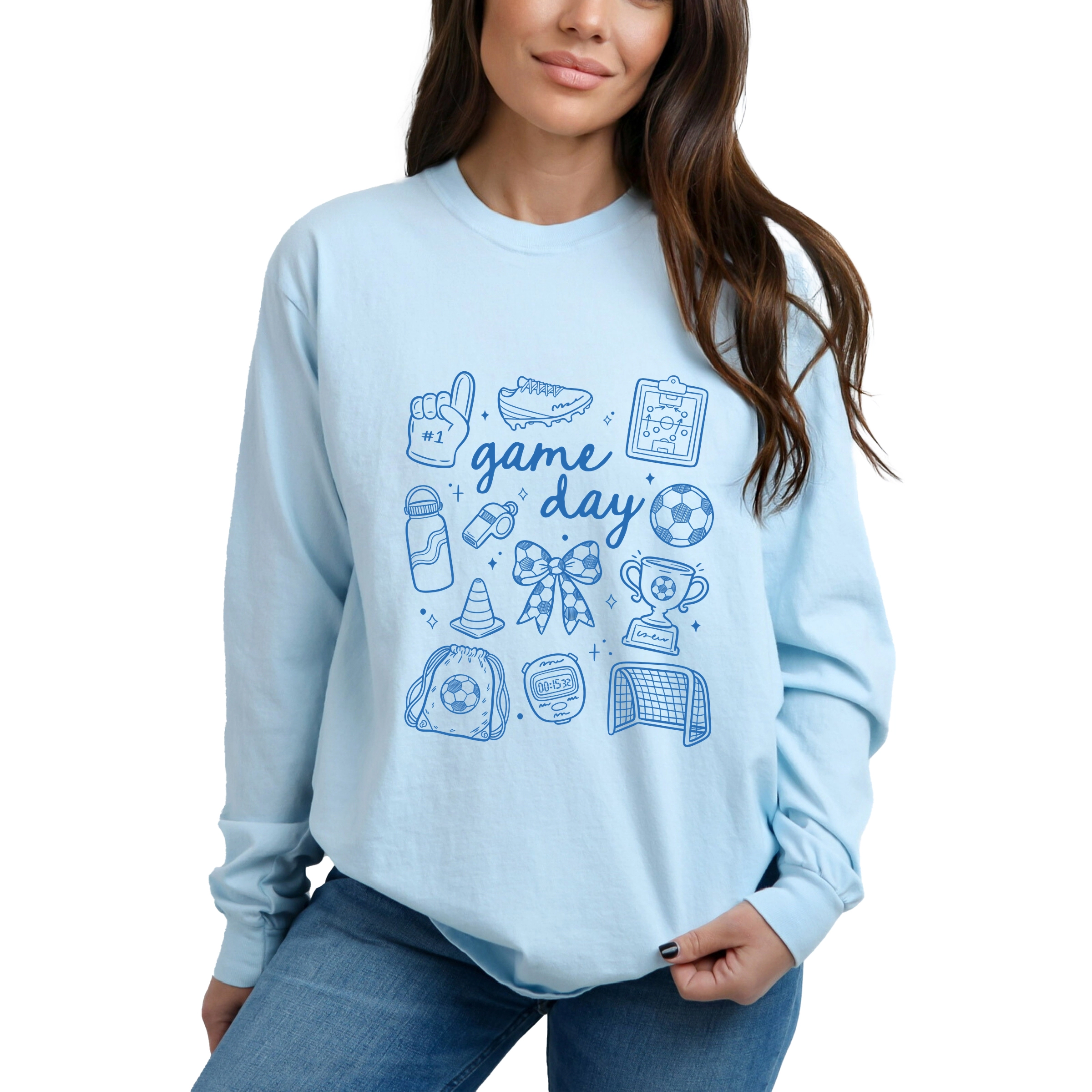 Simply Sage Market - Game Day Soccer Sketched Collage Women's Garment Dyed Long Sleeve Graphic T-Shirt