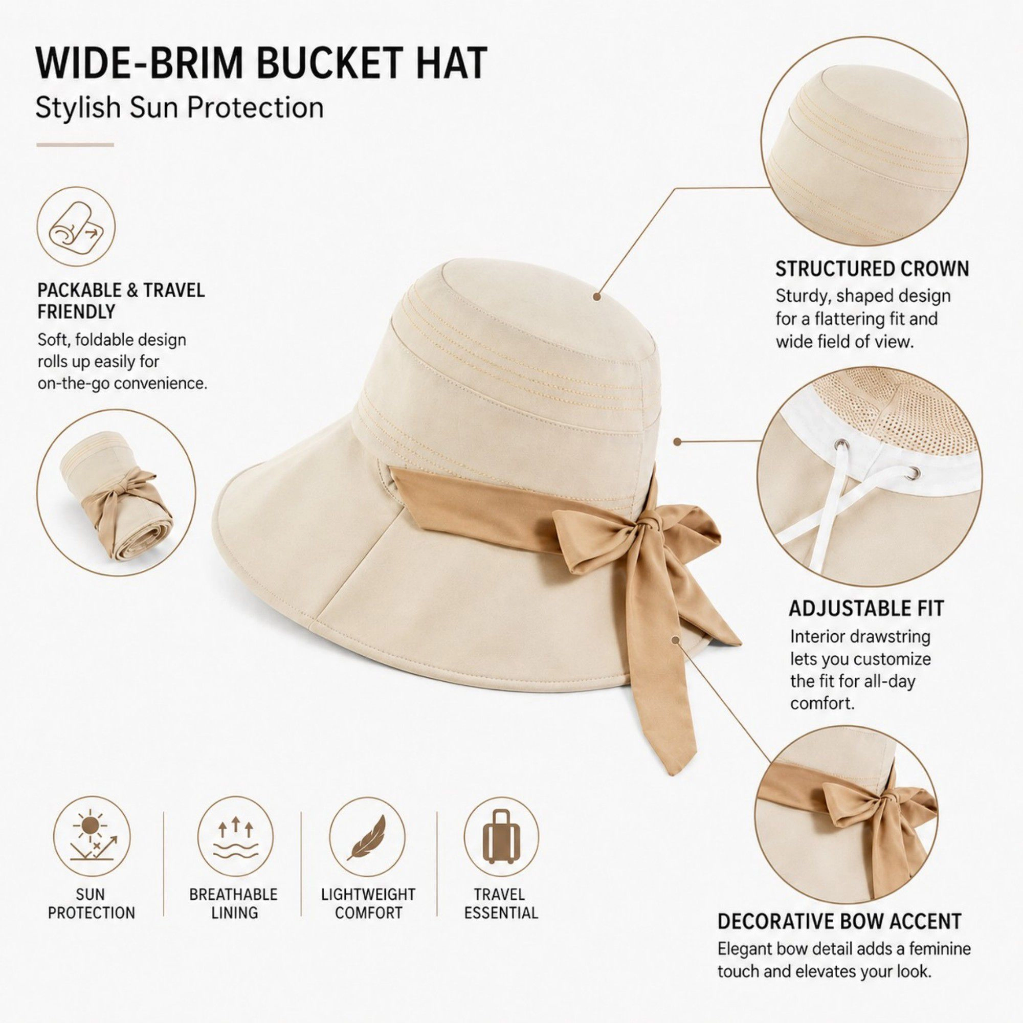 Alilang Women's Wide Brim Sun Hat with Bow Accent Stitched Crown and Soft Structured