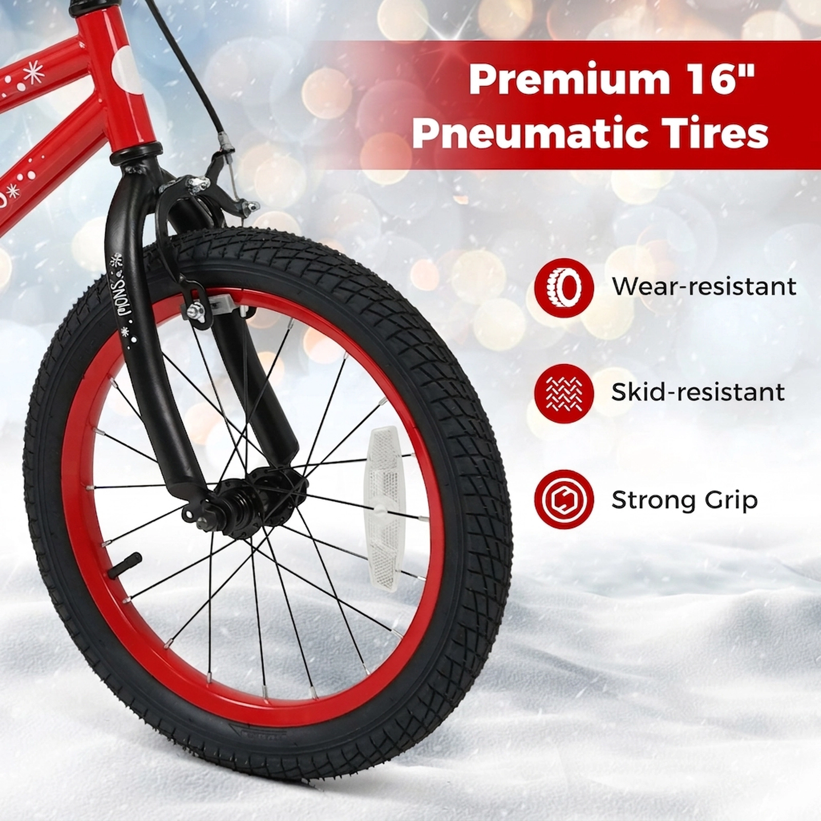 16-in Kids Bike Christmas Music Safety Flag Detachable Training Wheels Front V-Brake and Coaster Brake Ages 4-7 Red