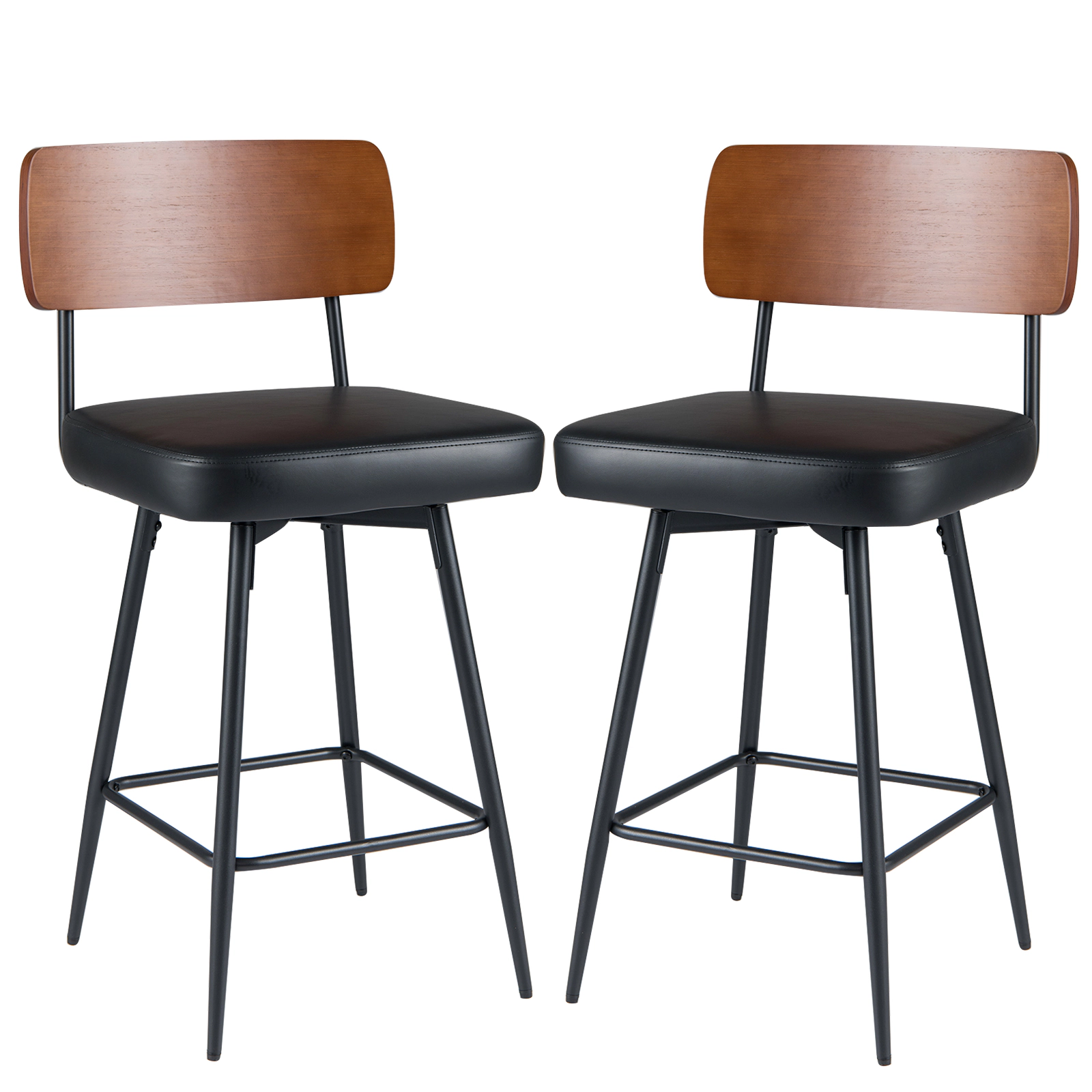 SUGIFT Set of 2 Black 27 in Swivel Counter Stools, Padded Seats, Wood Backrests